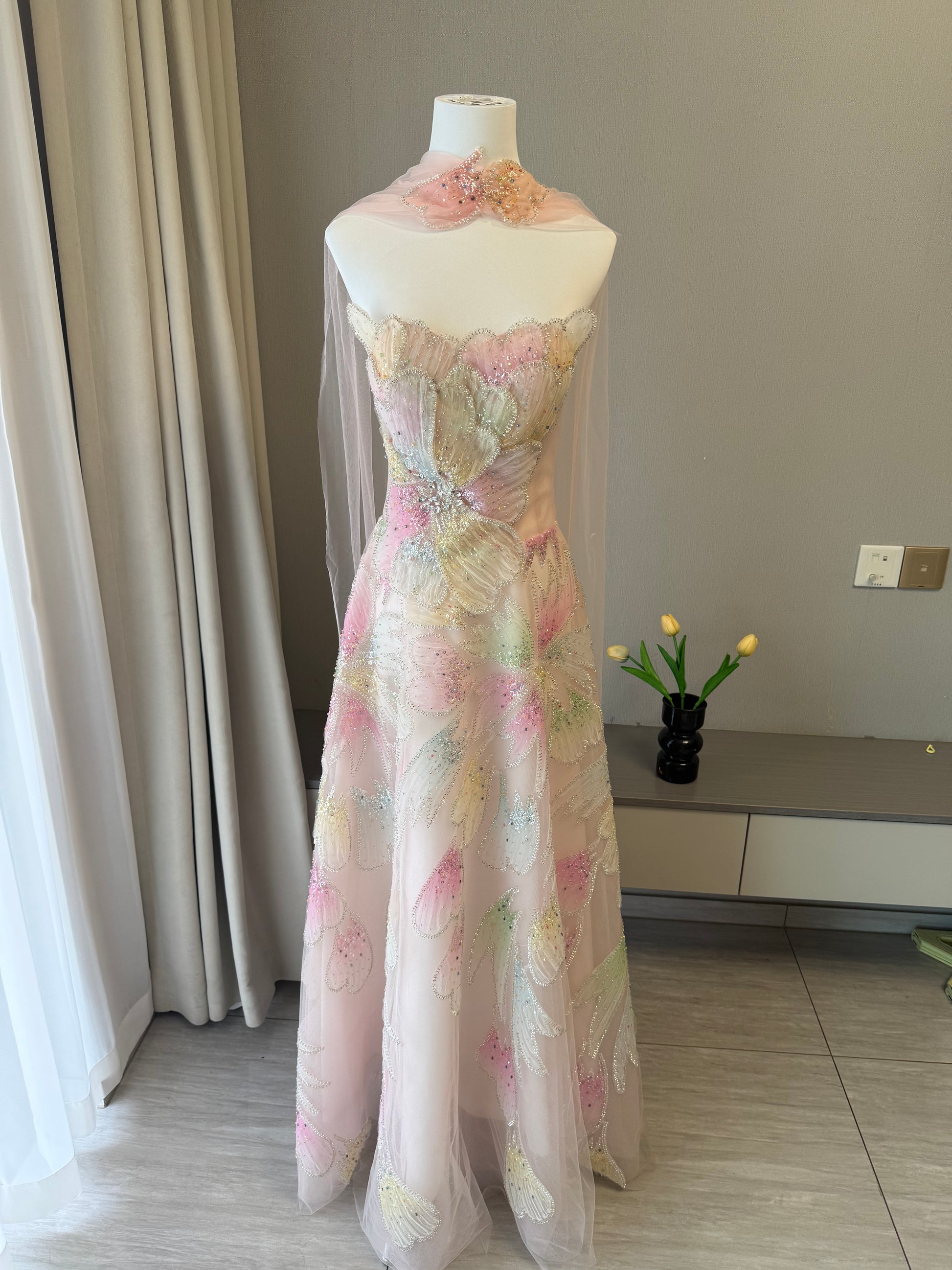 Luxury Green with Beaded Floral Details and Draped Sleeves Evening Dress SL161
