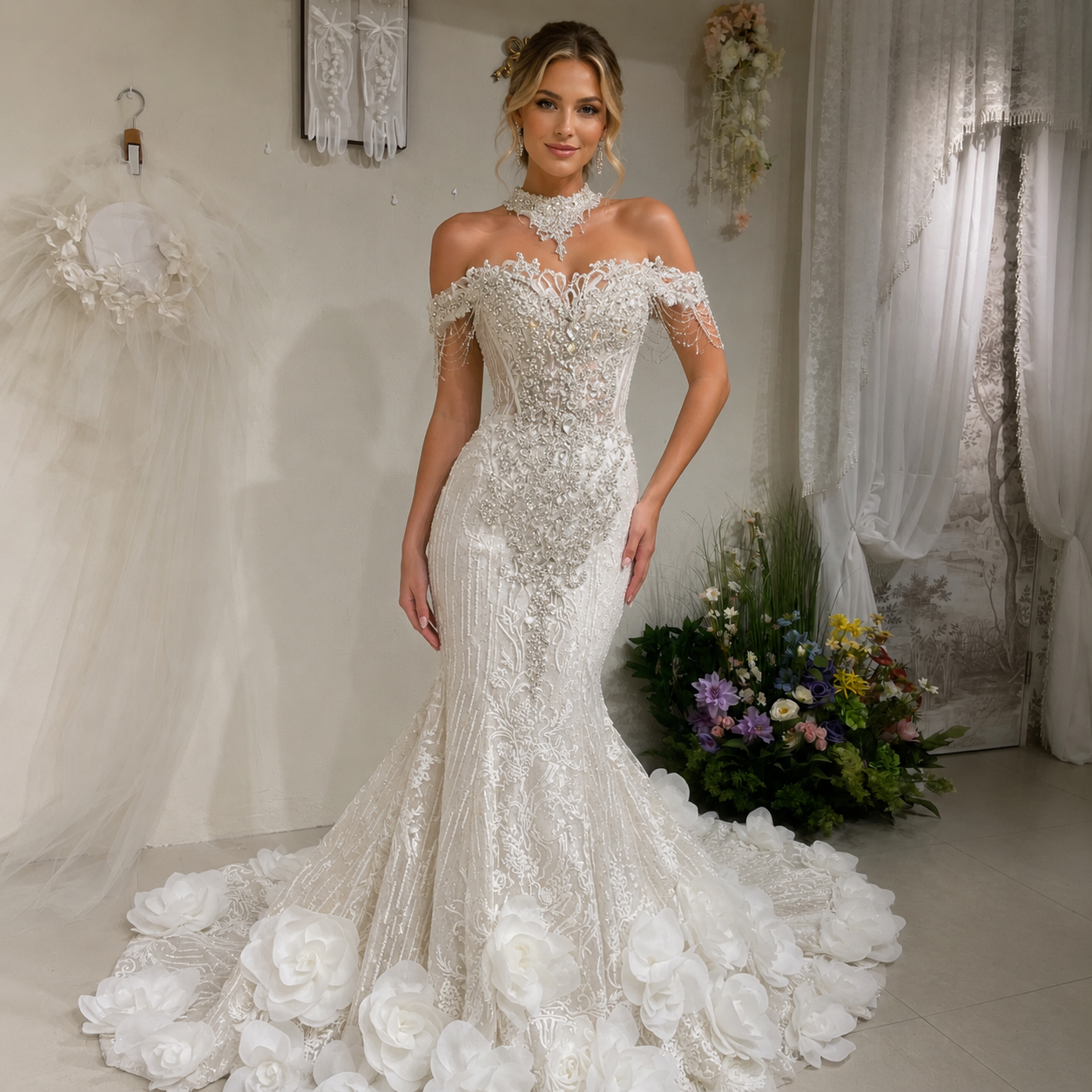 TwinkleGowns Crystal Off-Shoulder Mermaid Wedding Dress with Cathedral Train SL147