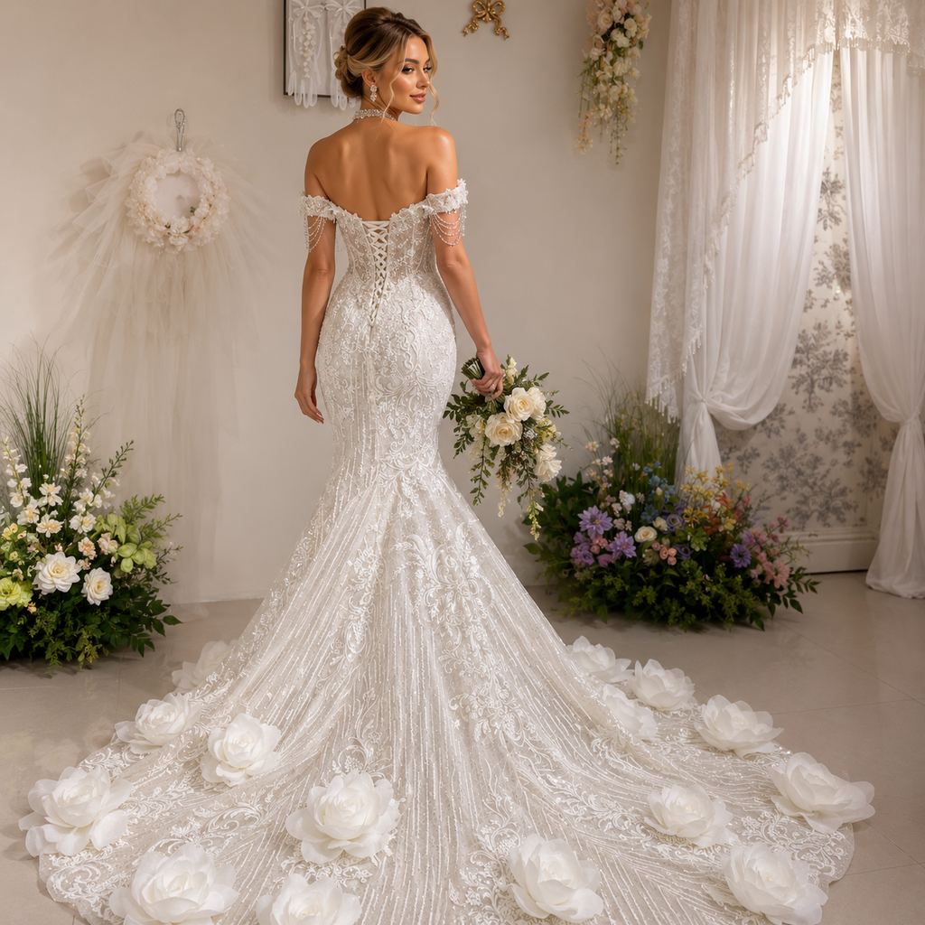 TwinkleGowns Crystal Off-Shoulder Mermaid Wedding Dress with Cathedral Train SL147