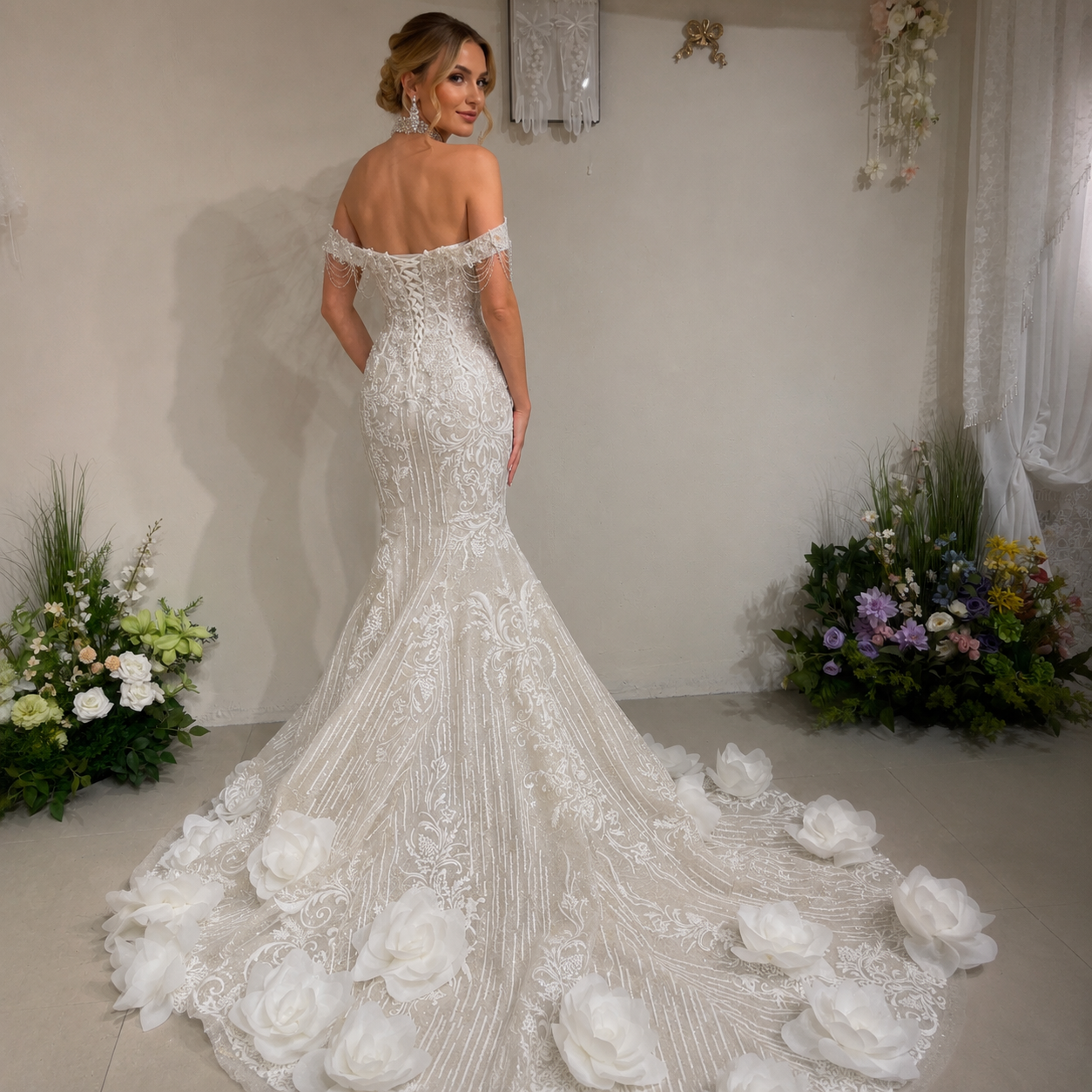 TwinkleGowns Crystal Off-Shoulder Mermaid Wedding Dress with Cathedral Train SL147