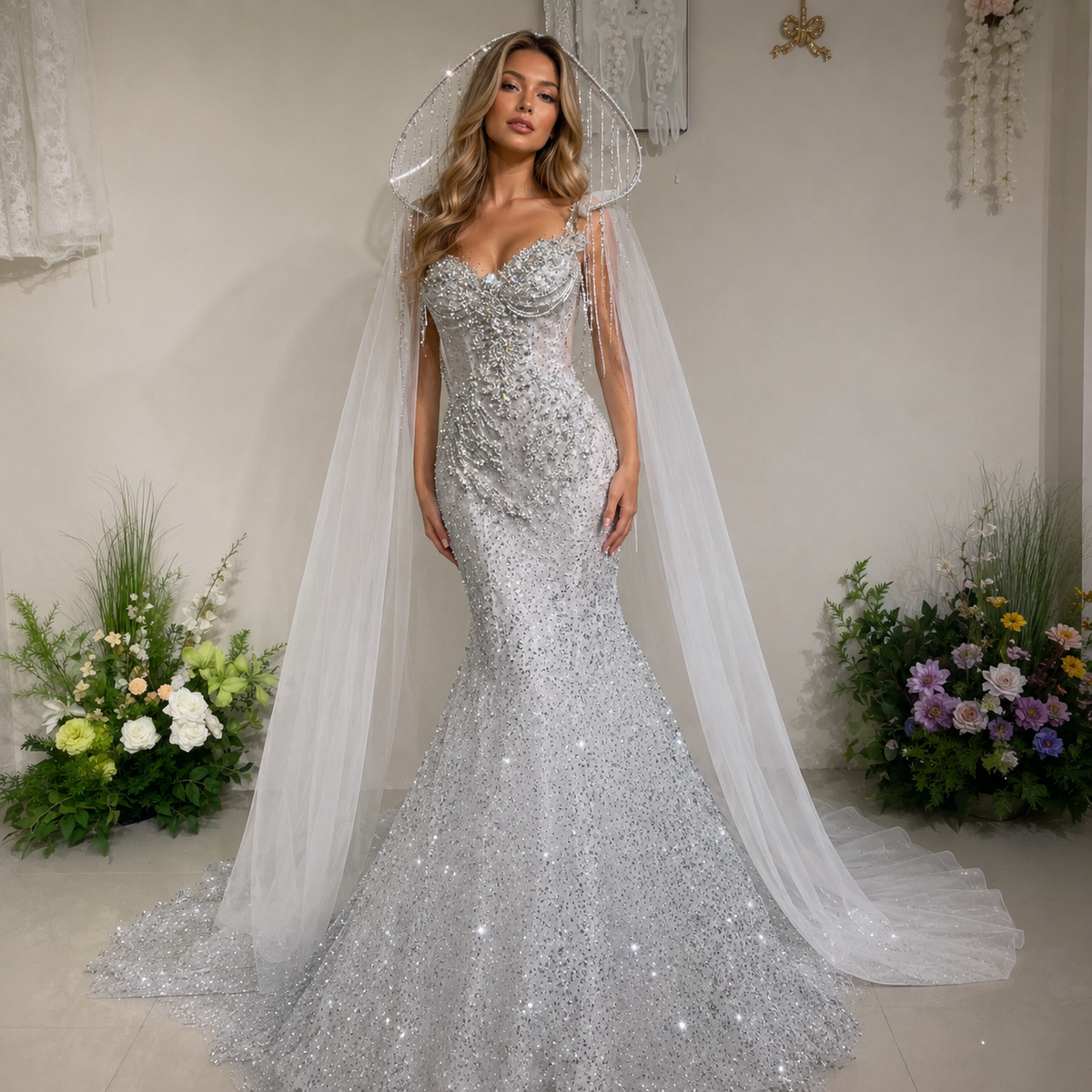 Twinklegowns Luxury Crystal Beaded Mermaid Wedding Dress with Hooded Veil SL148