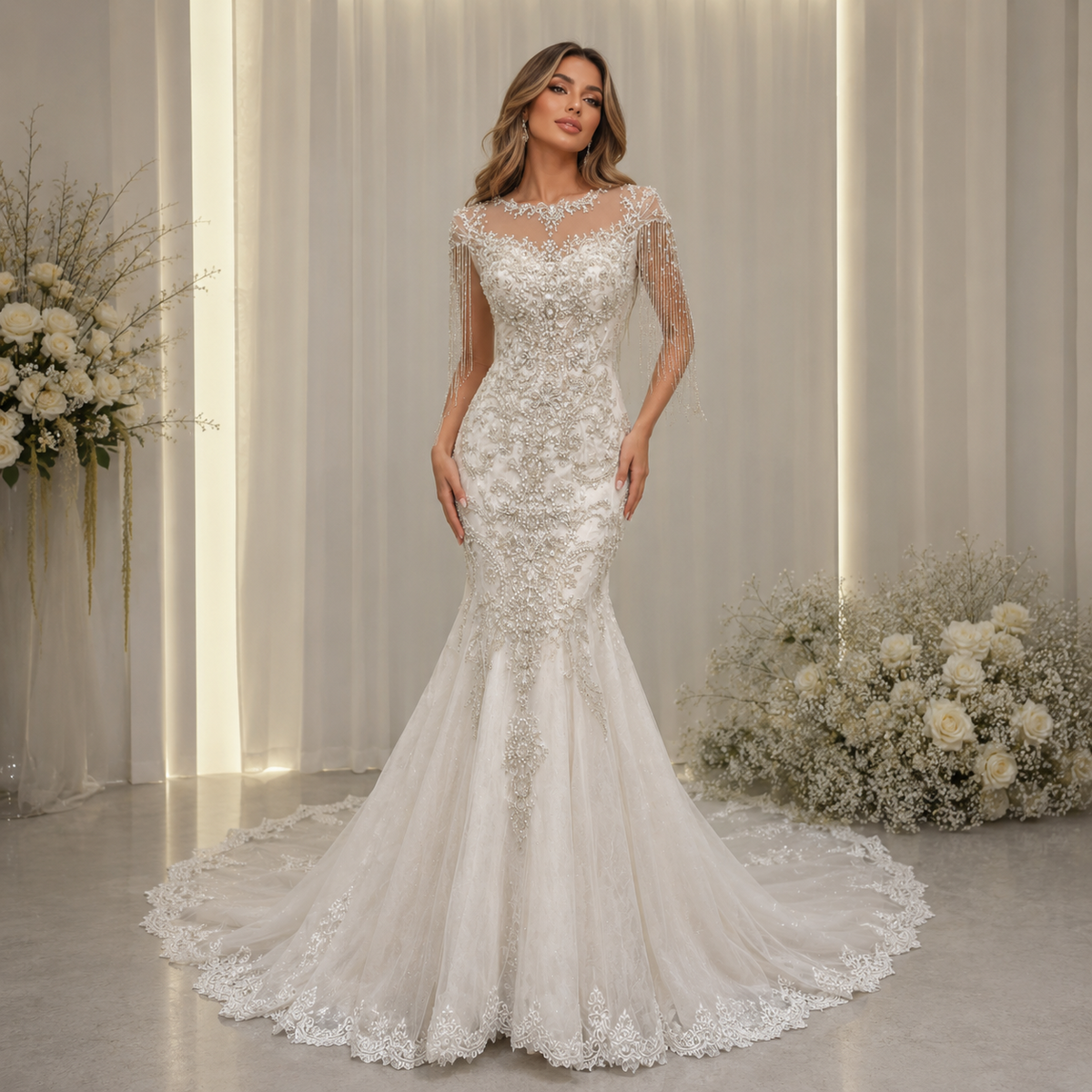 Twinklegowns Mermaid Wedding Dress Featuring Pearl Beading and Crystal Tassels SL152