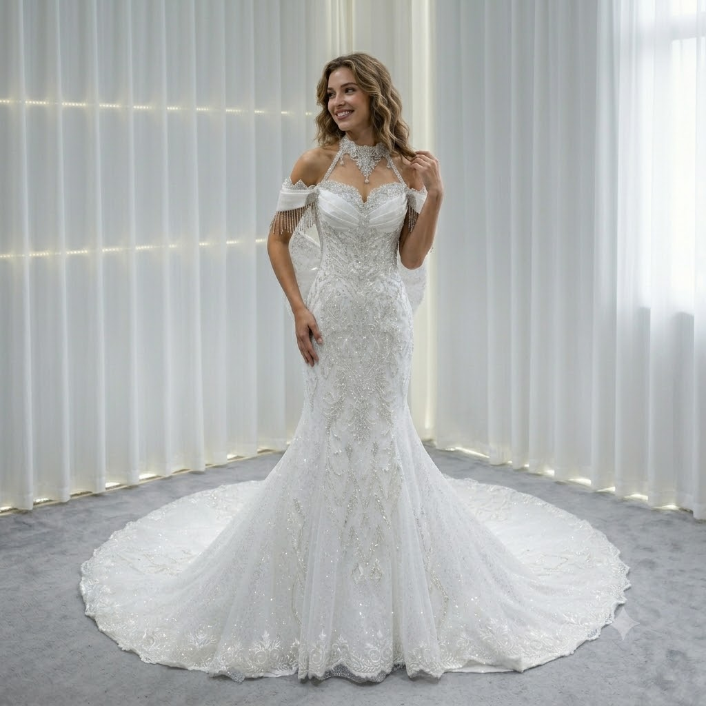 Twinklegowns Luxury Off-Shoulder Mermaid Wedding Dress with Crystal Beading SL151