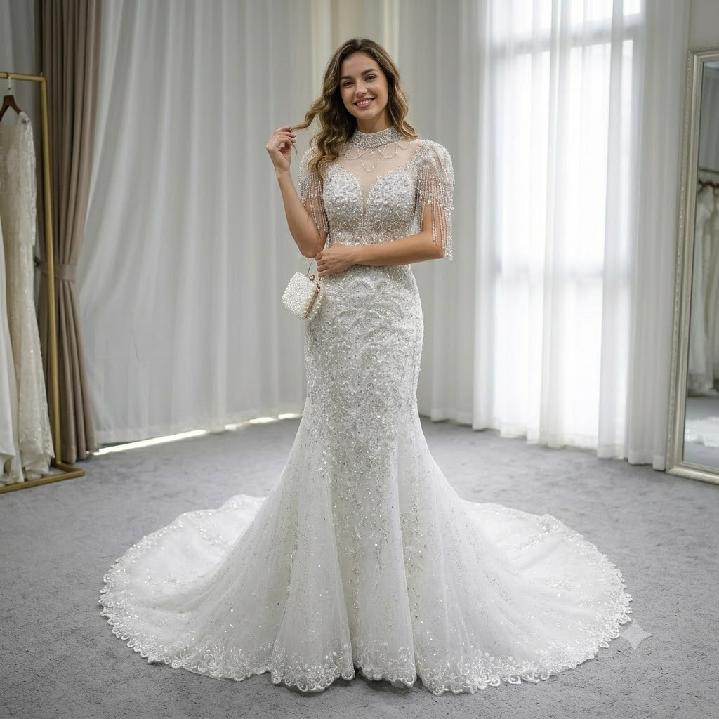 Twinklegowns Luxury Beaded Mermaid Wedding Dress with Crystal Fringe Sleeves SL150
