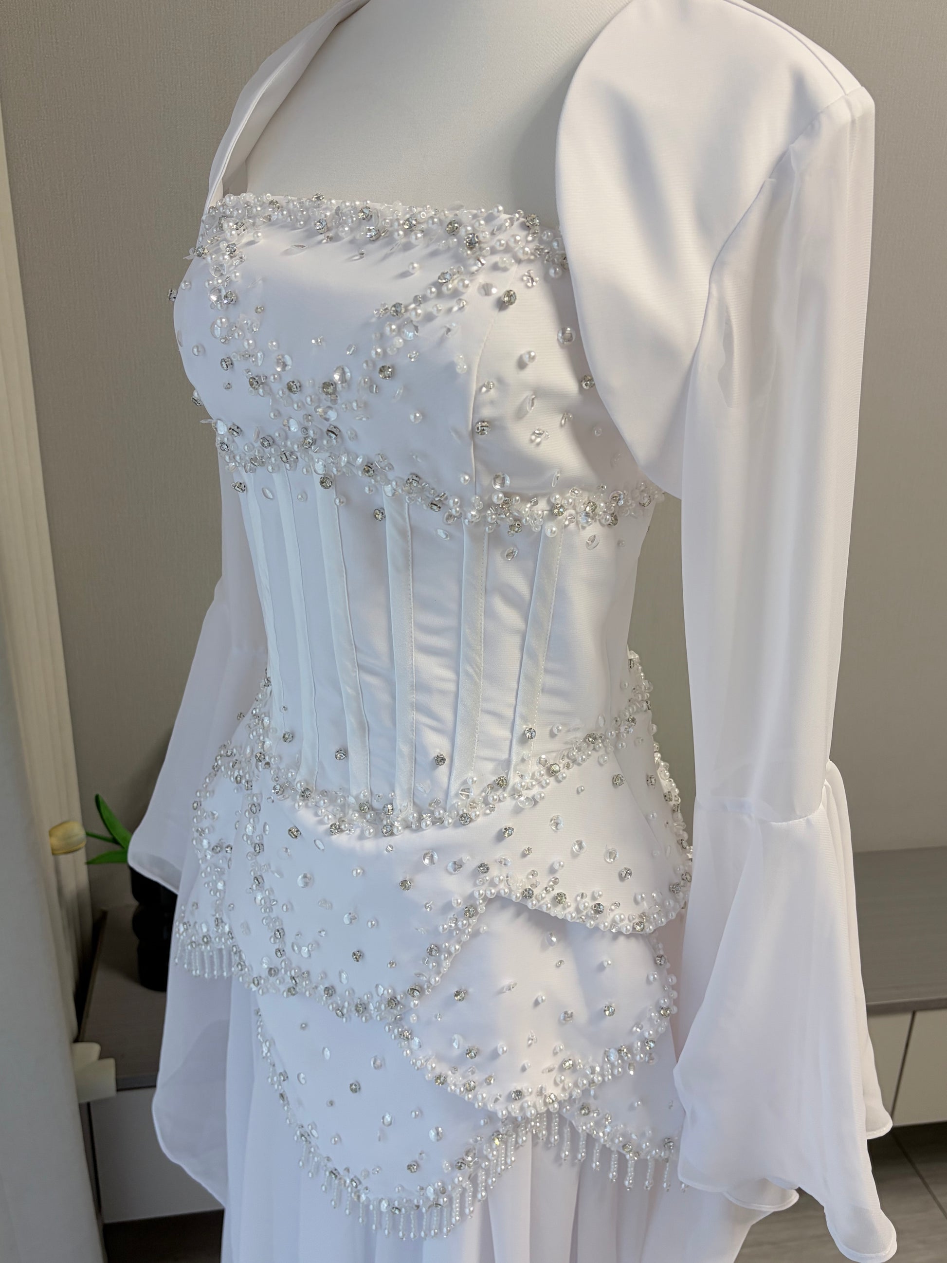 Blue Strapless Beaded Corset Gown with Sheer Cape Sleeves SL188