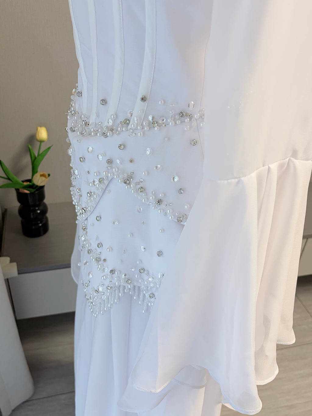 Blue Strapless Beaded Corset Gown with Sheer Cape Sleeves SL188
