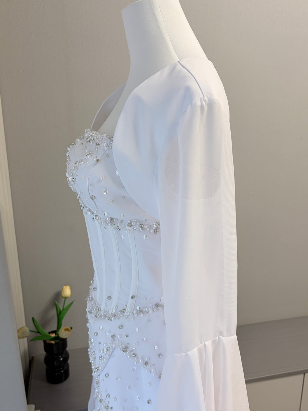 Blue Strapless Beaded Corset Gown with Sheer Cape Sleeves SL188