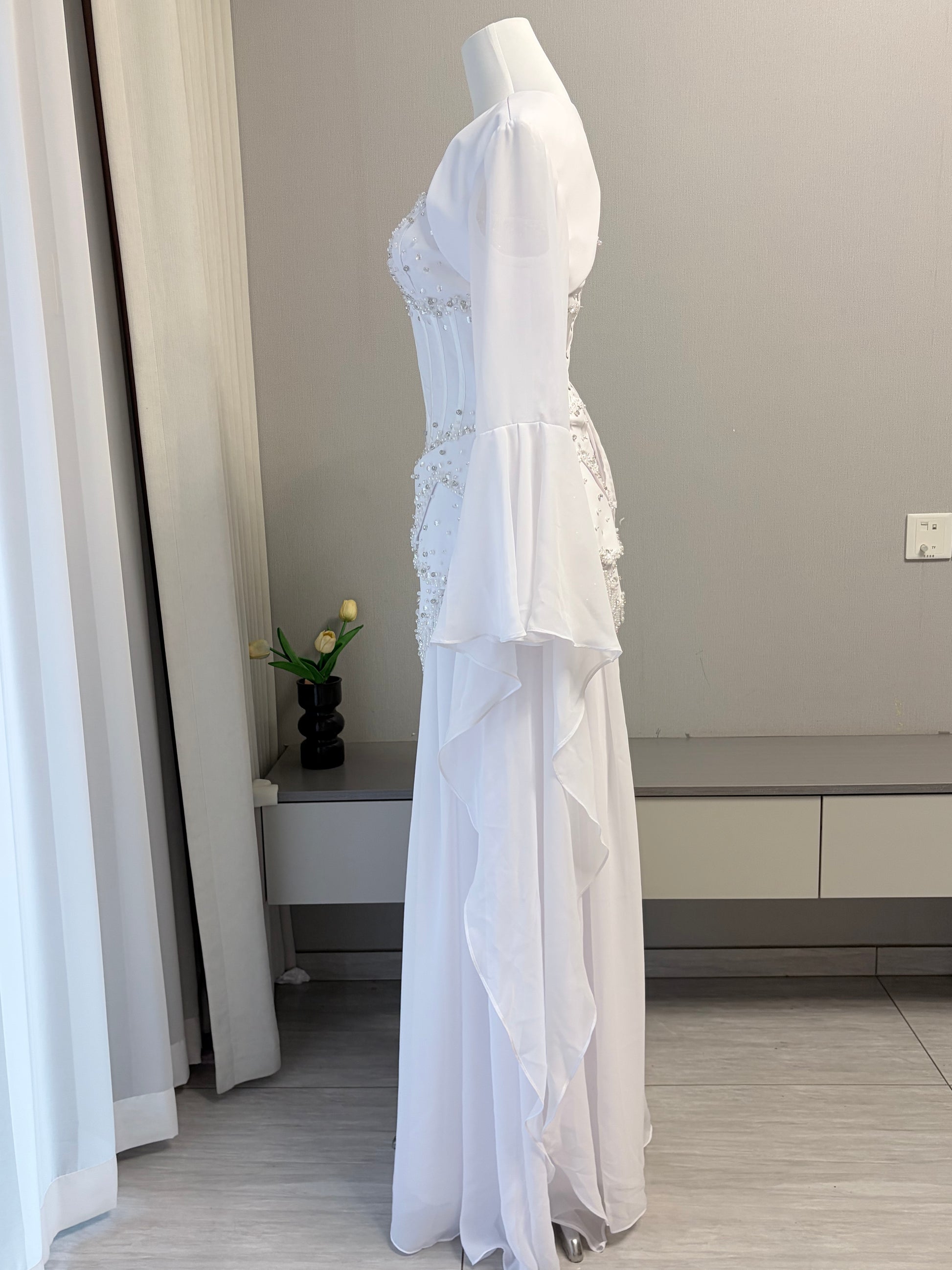 Blue Strapless Beaded Corset Gown with Sheer Cape Sleeves SL188