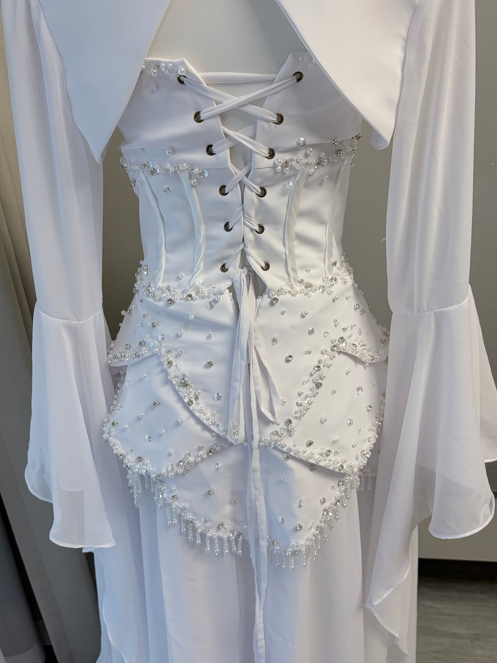 Blue Strapless Beaded Corset Gown with Sheer Cape Sleeves SL188