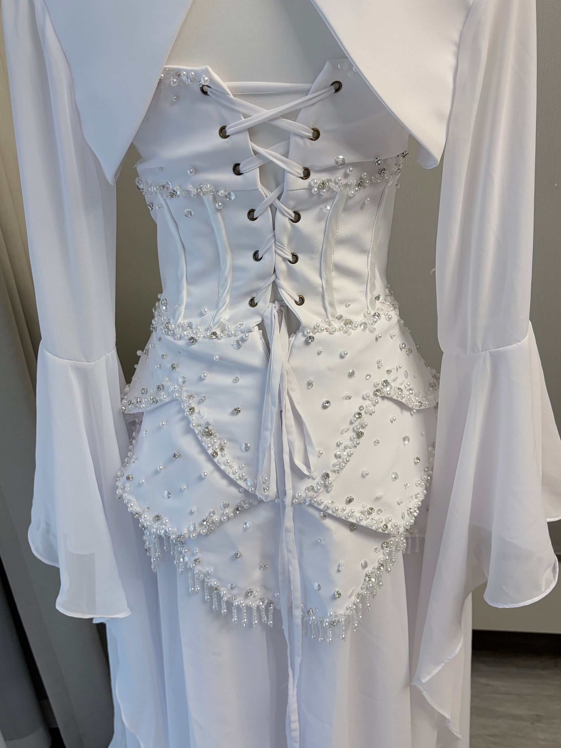 Blue Strapless Beaded Corset Gown with Sheer Cape Sleeves SL188