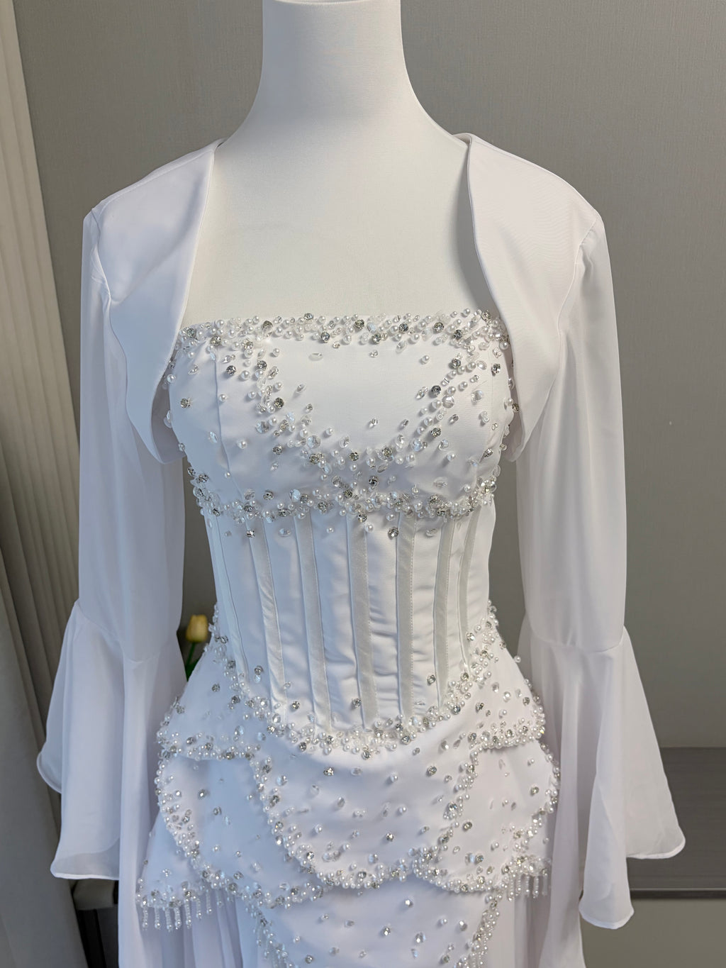 Blue Strapless Beaded Corset Gown with Sheer Cape Sleeves SL188