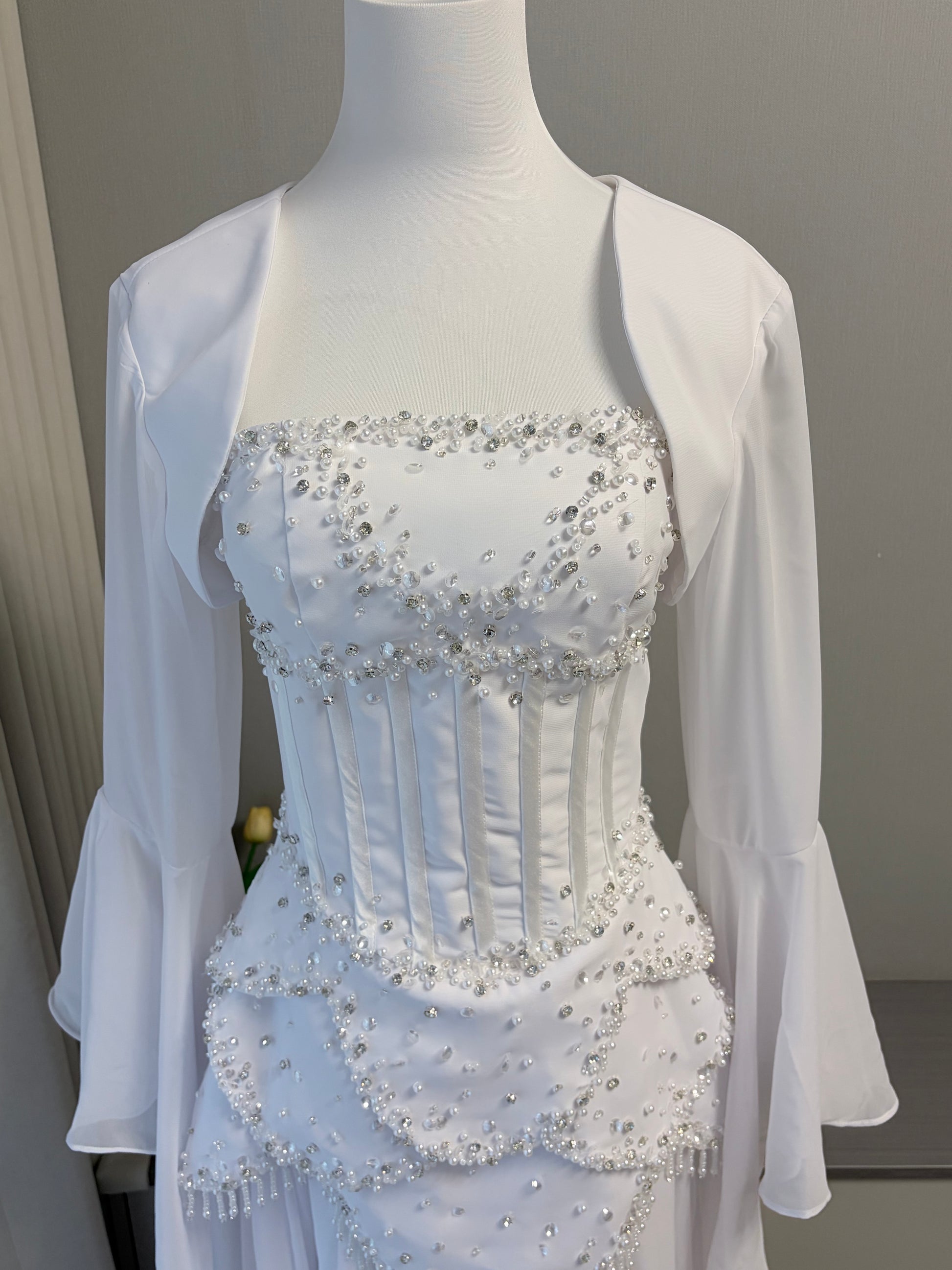 Blue Strapless Beaded Corset Gown with Sheer Cape Sleeves SL188