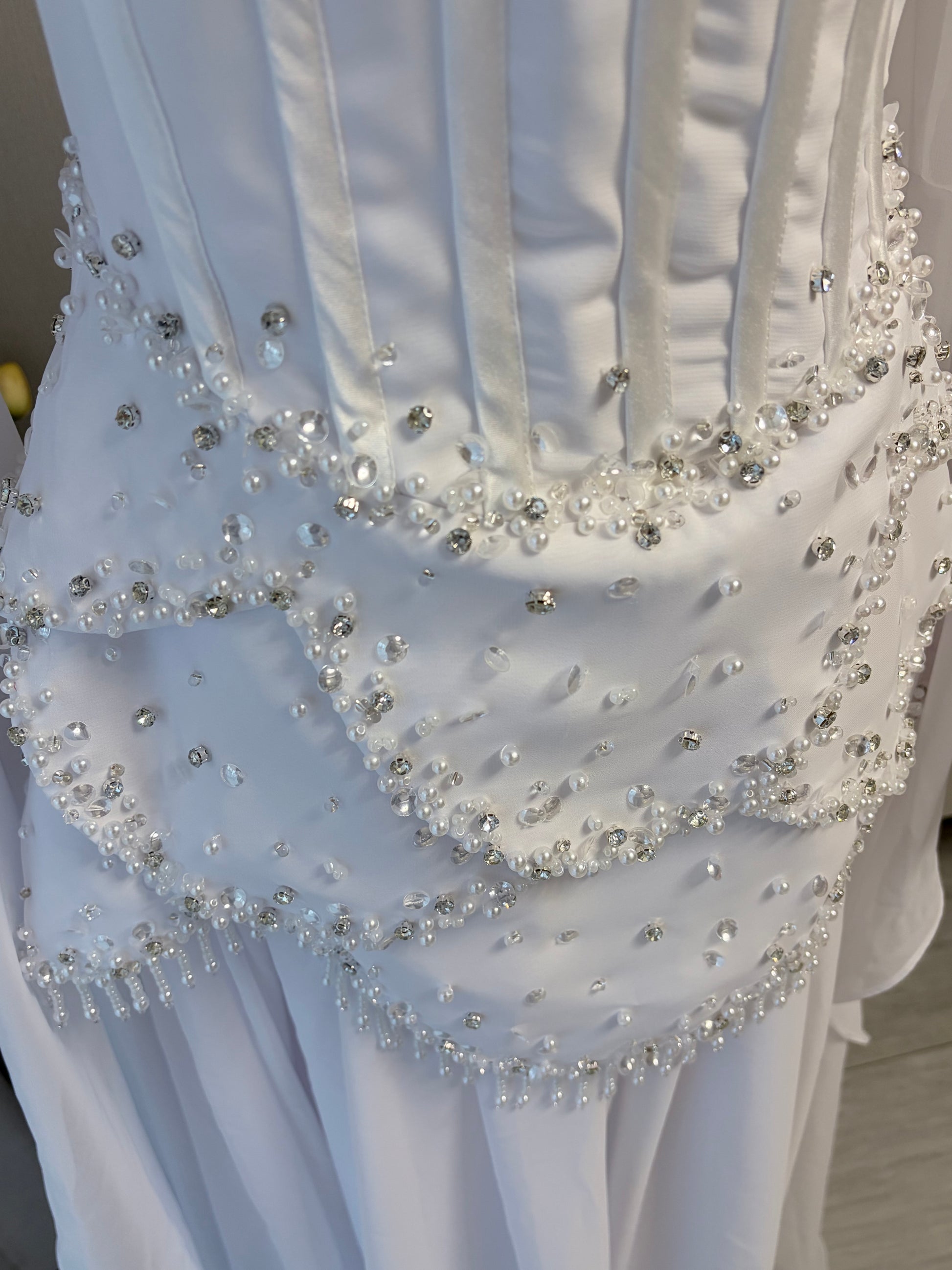 Blue Strapless Beaded Corset Gown with Sheer Cape Sleeves SL188