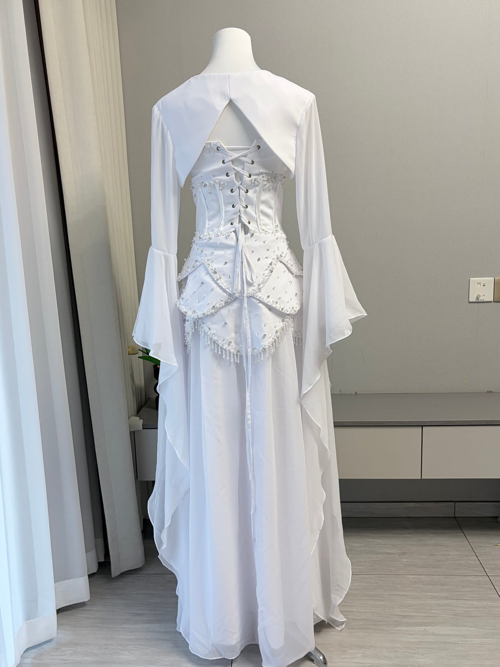 Blue Strapless Beaded Corset Gown with Sheer Cape Sleeves SL188