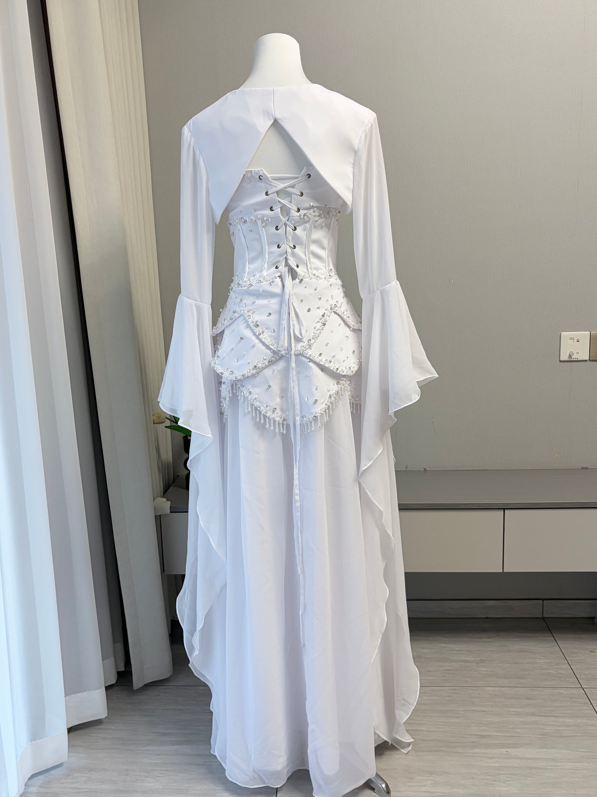 Blue Strapless Beaded Corset Gown with Sheer Cape Sleeves SL188