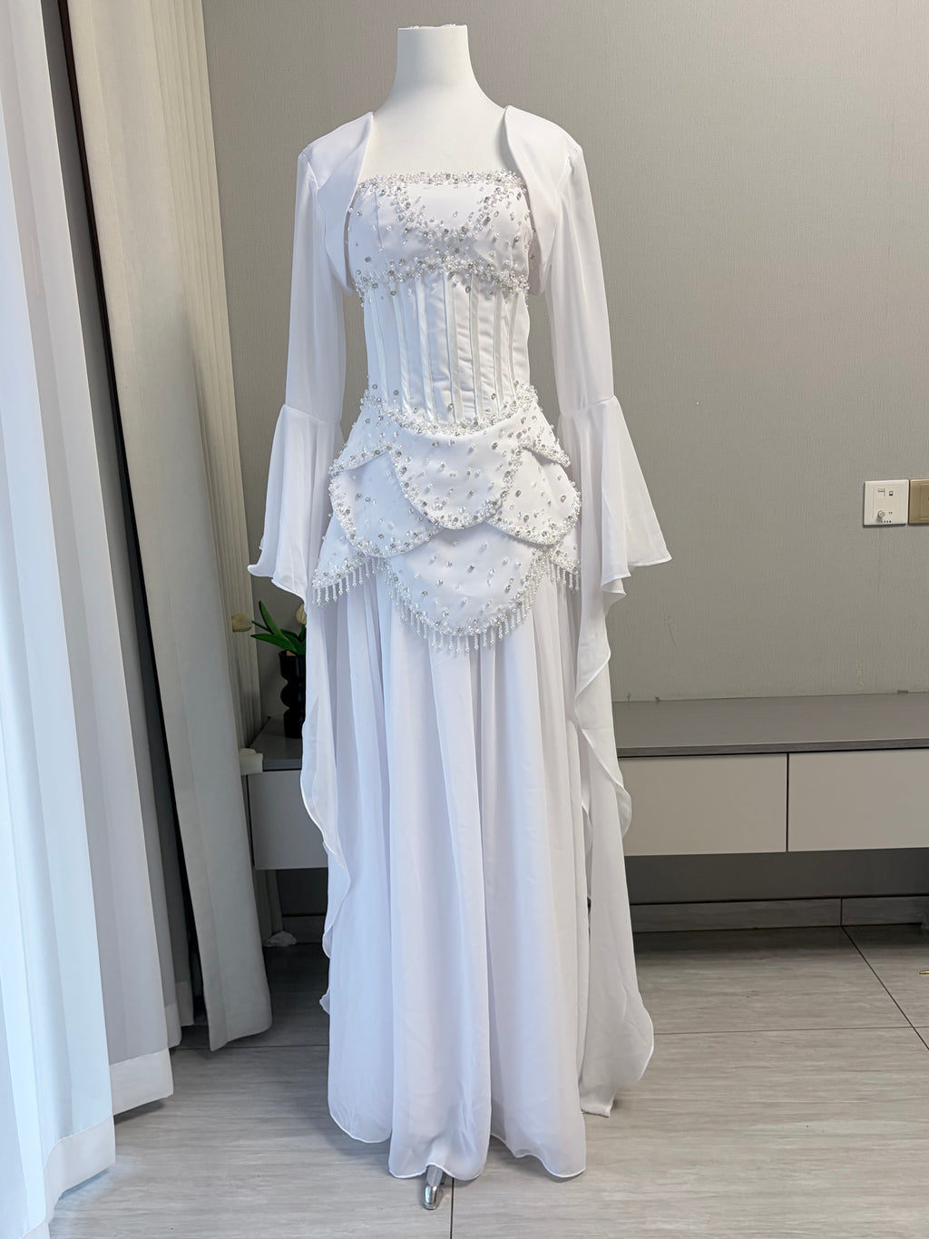 Blue Strapless Beaded Corset Gown with Sheer Cape Sleeves SL188