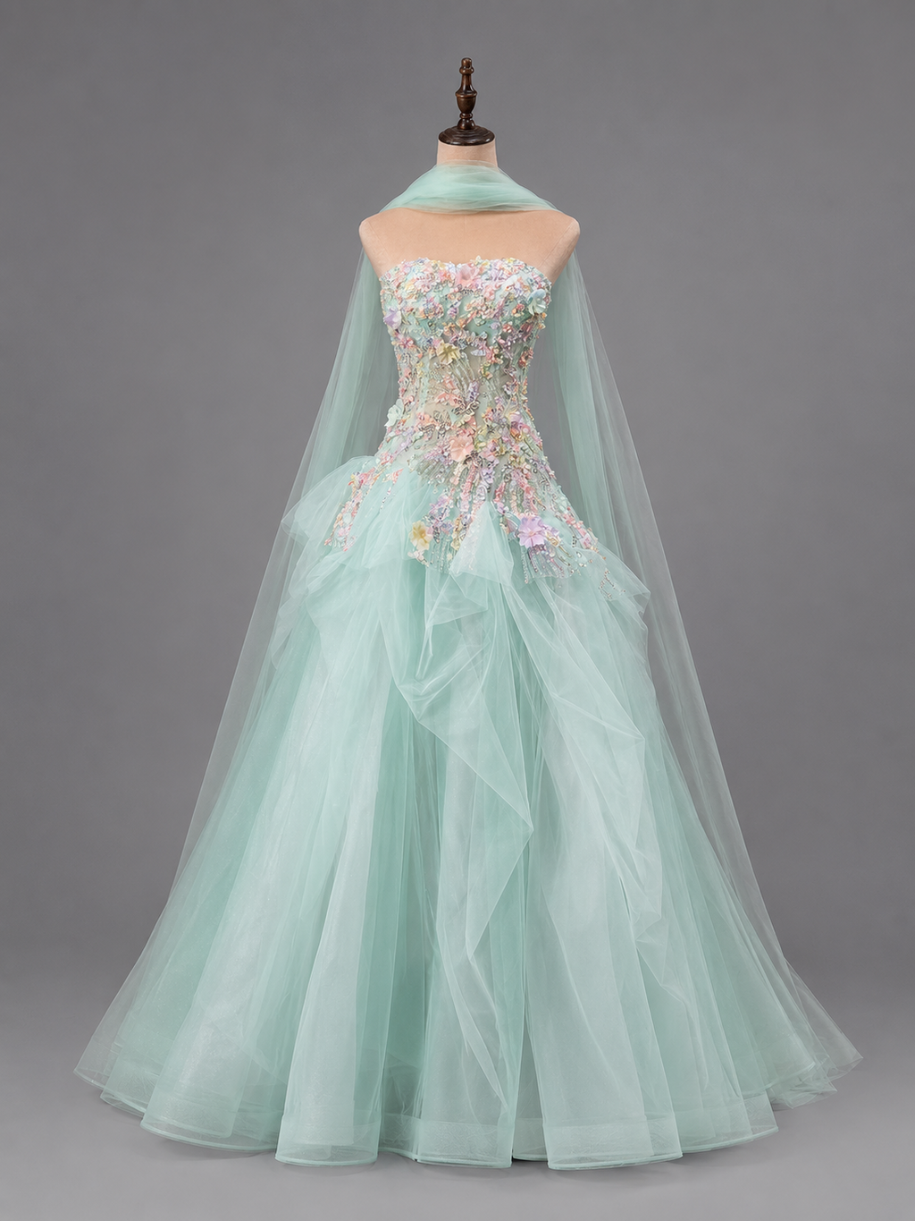 Luxury Lavender Strapless Beaded Evening Gown with Scarf SL136