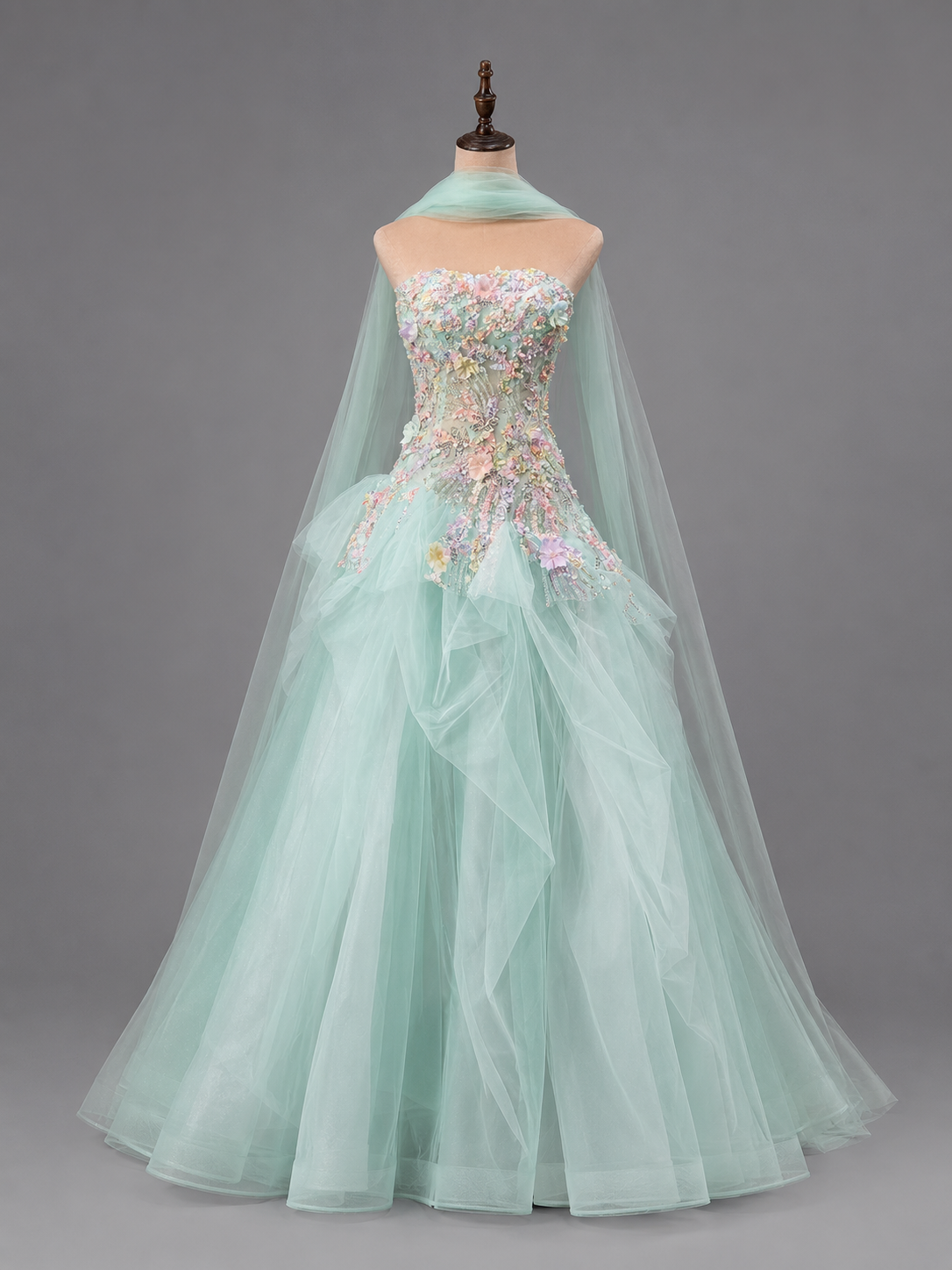 Luxury Lavender Strapless Beaded Evening Gown with Scarf SL136