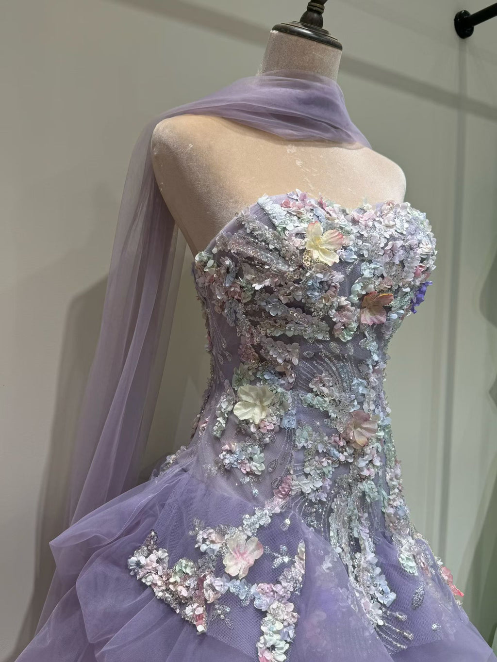 Luxury Lavender Strapless Beaded Evening Gown with Scarf SL136