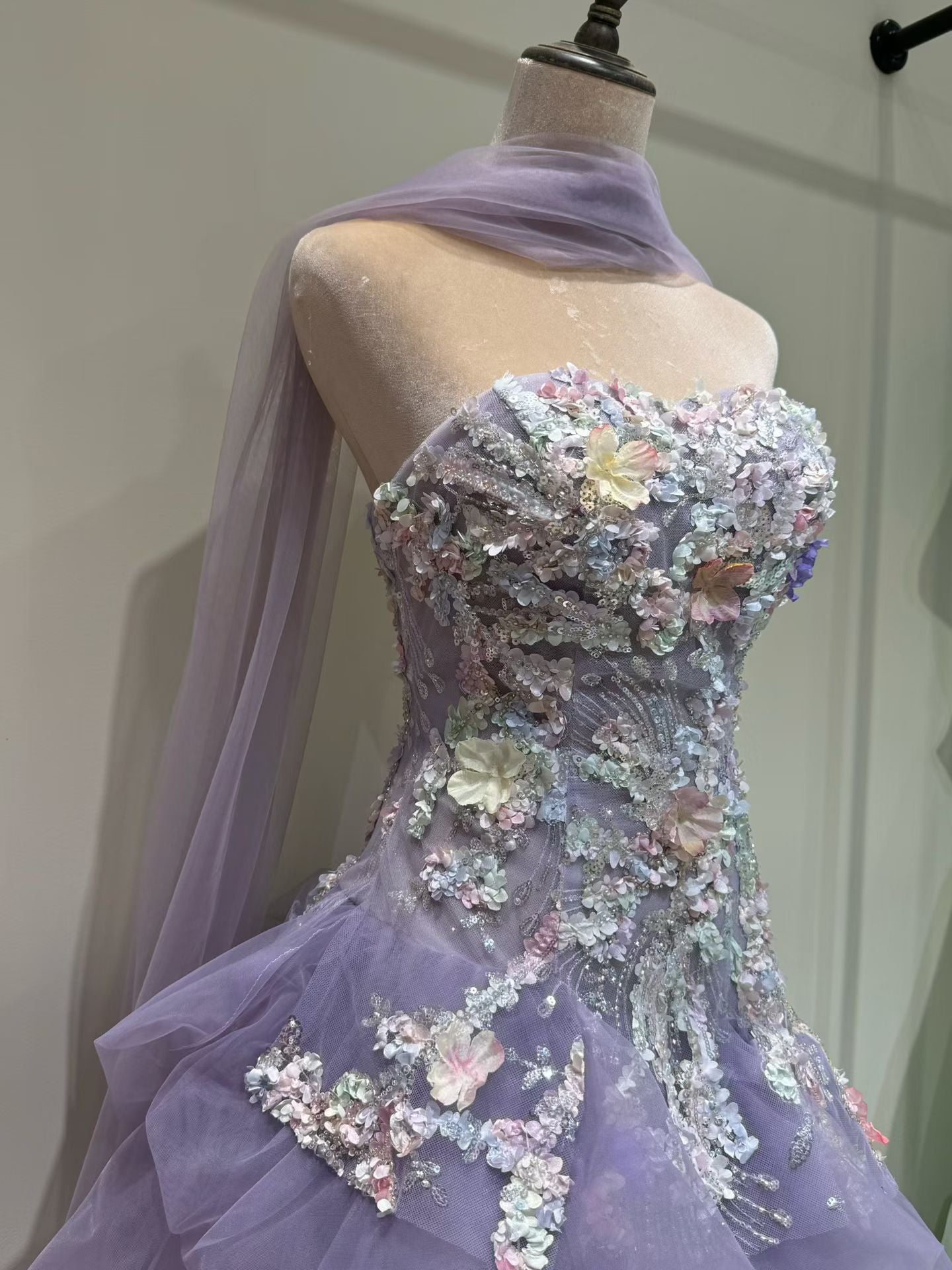 Luxury Lavender Strapless Beaded Evening Gown with Scarf SL136