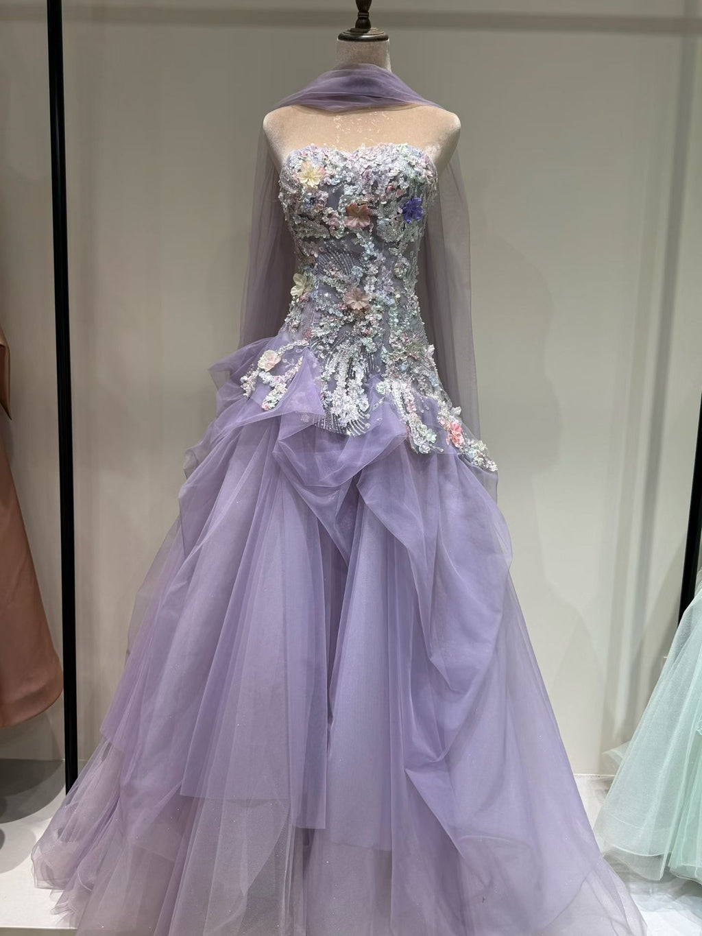 Luxury Lavender Strapless Beaded Evening Gown with Scarf SL136