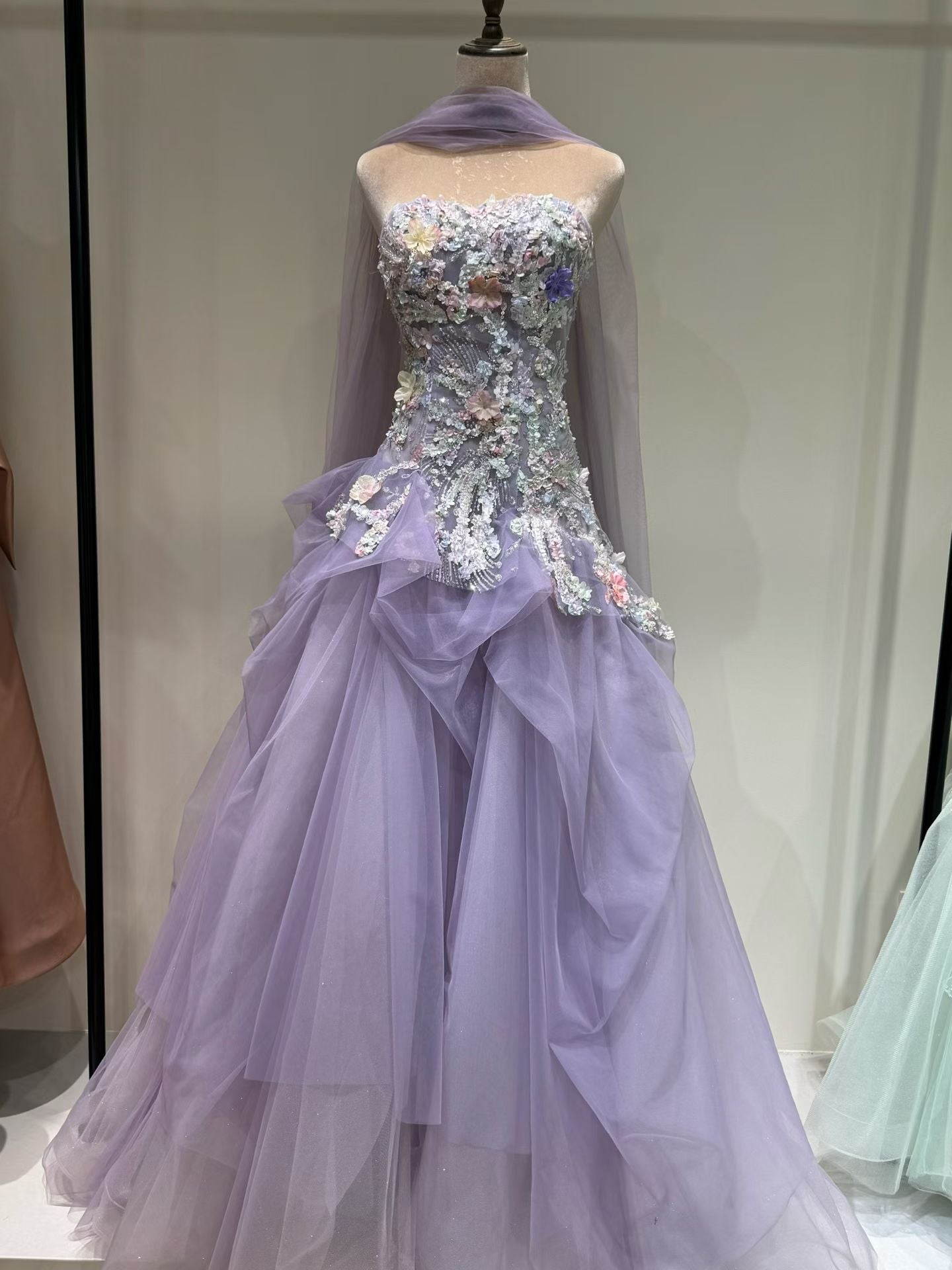 Luxury Lavender Strapless Beaded Evening Gown with Scarf SL136