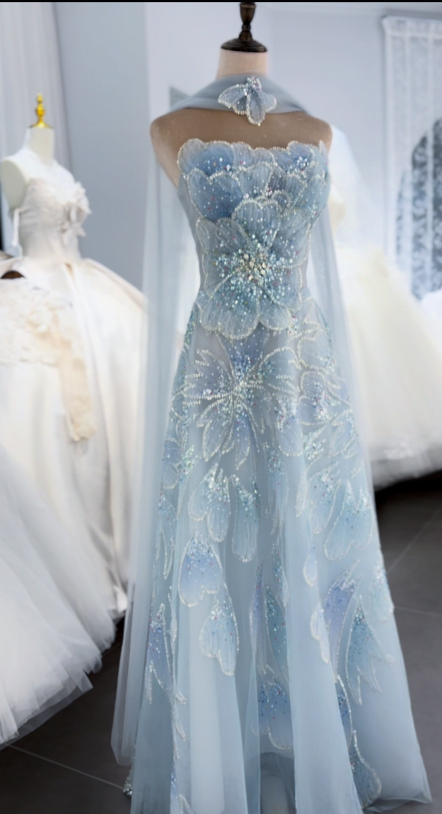 Luxury Green with Beaded Floral Details and Draped Sleeves Evening Dress SL161