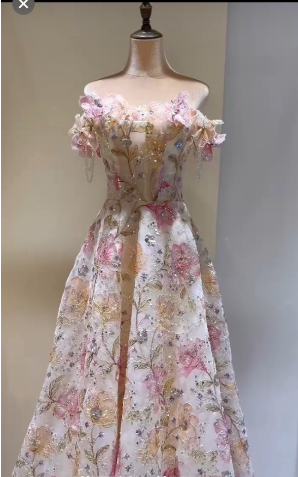 Luxury Champagne Floral Embroidery Evening Gown Off-Shoulder Couture Ball Gown WL163