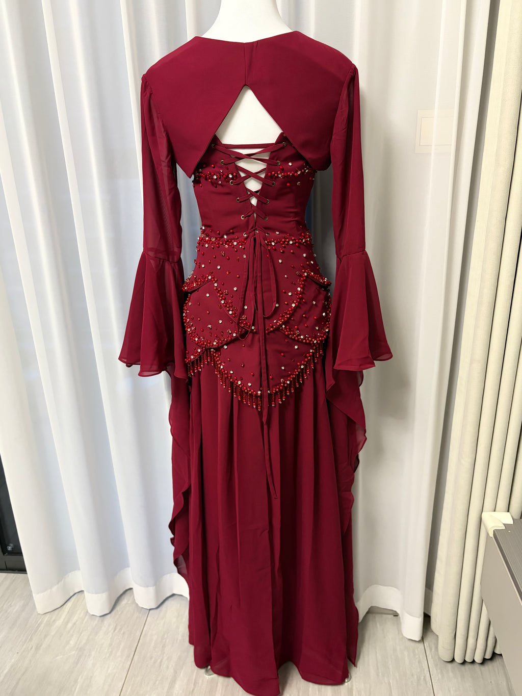 Blue Strapless Beaded Corset Gown with Sheer Cape Sleeves SL188