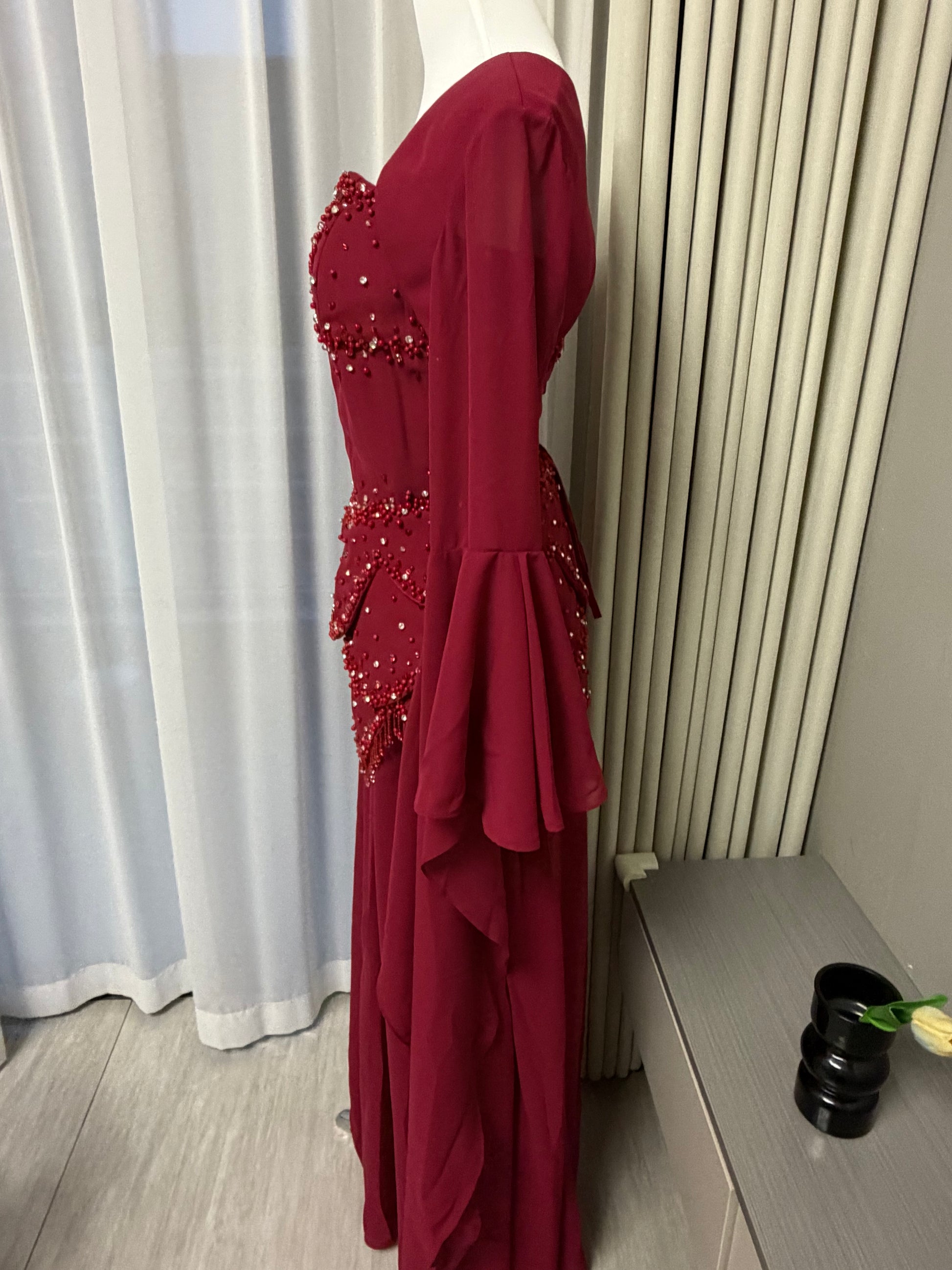 Blue Strapless Beaded Corset Gown with Sheer Cape Sleeves SL188