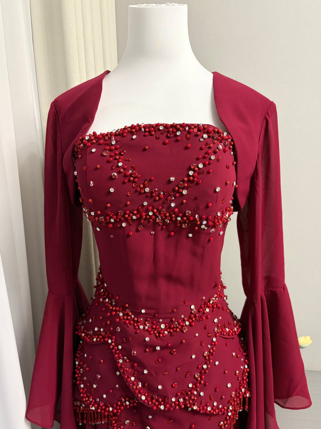 Blue Strapless Beaded Corset Gown with Sheer Cape Sleeves SL188