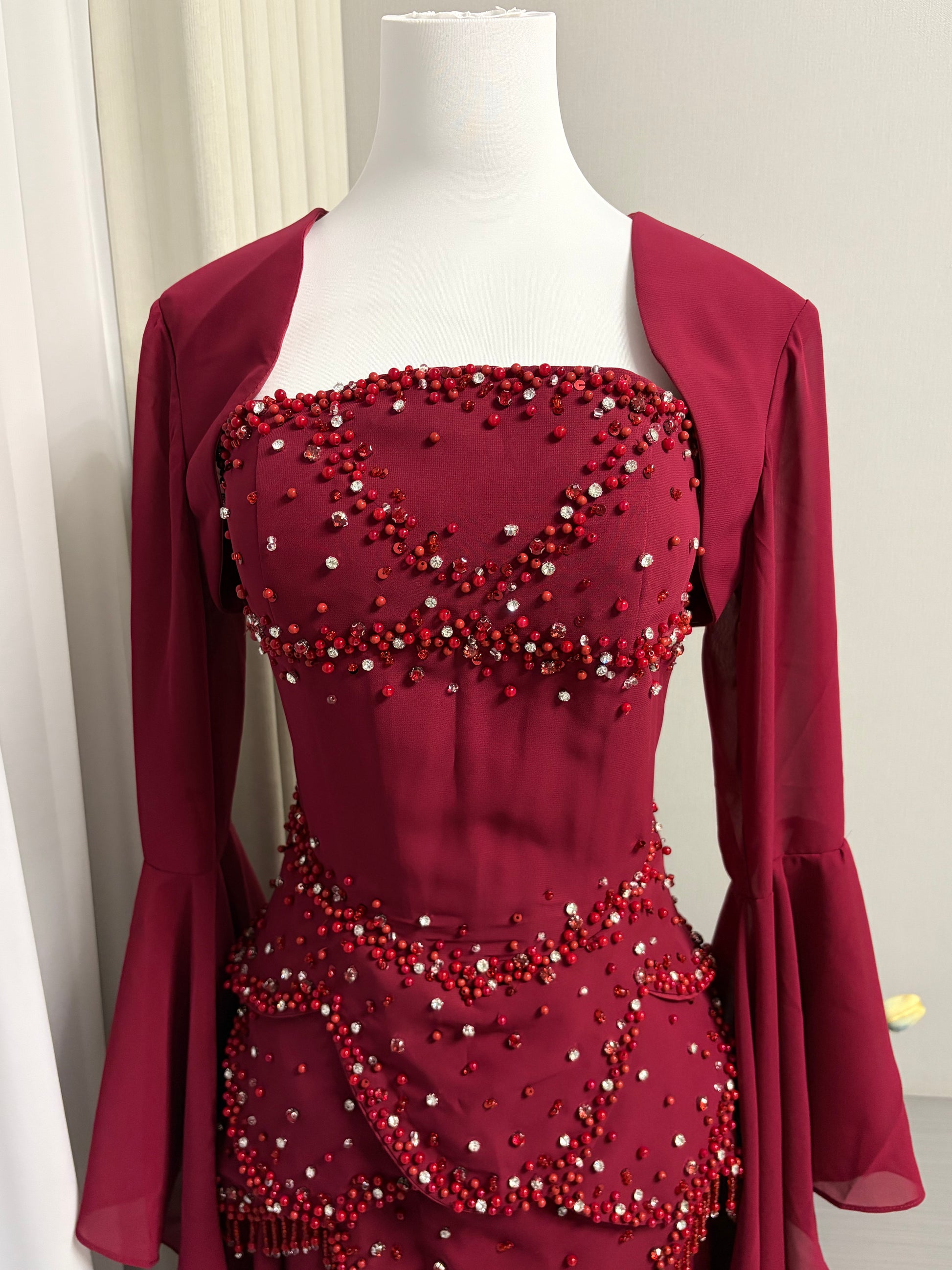 Blue Strapless Beaded Corset Gown with Sheer Cape Sleeves SL188