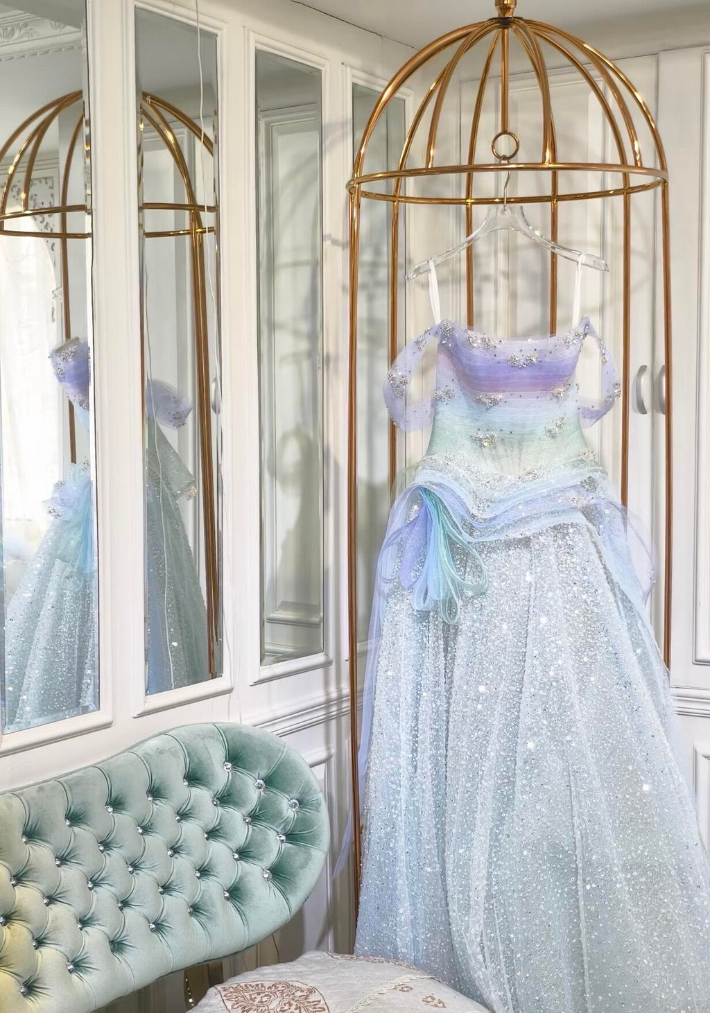 Pastel Ombre Off-Shoulder Crystal Beaded Princess Prom Dress SL207