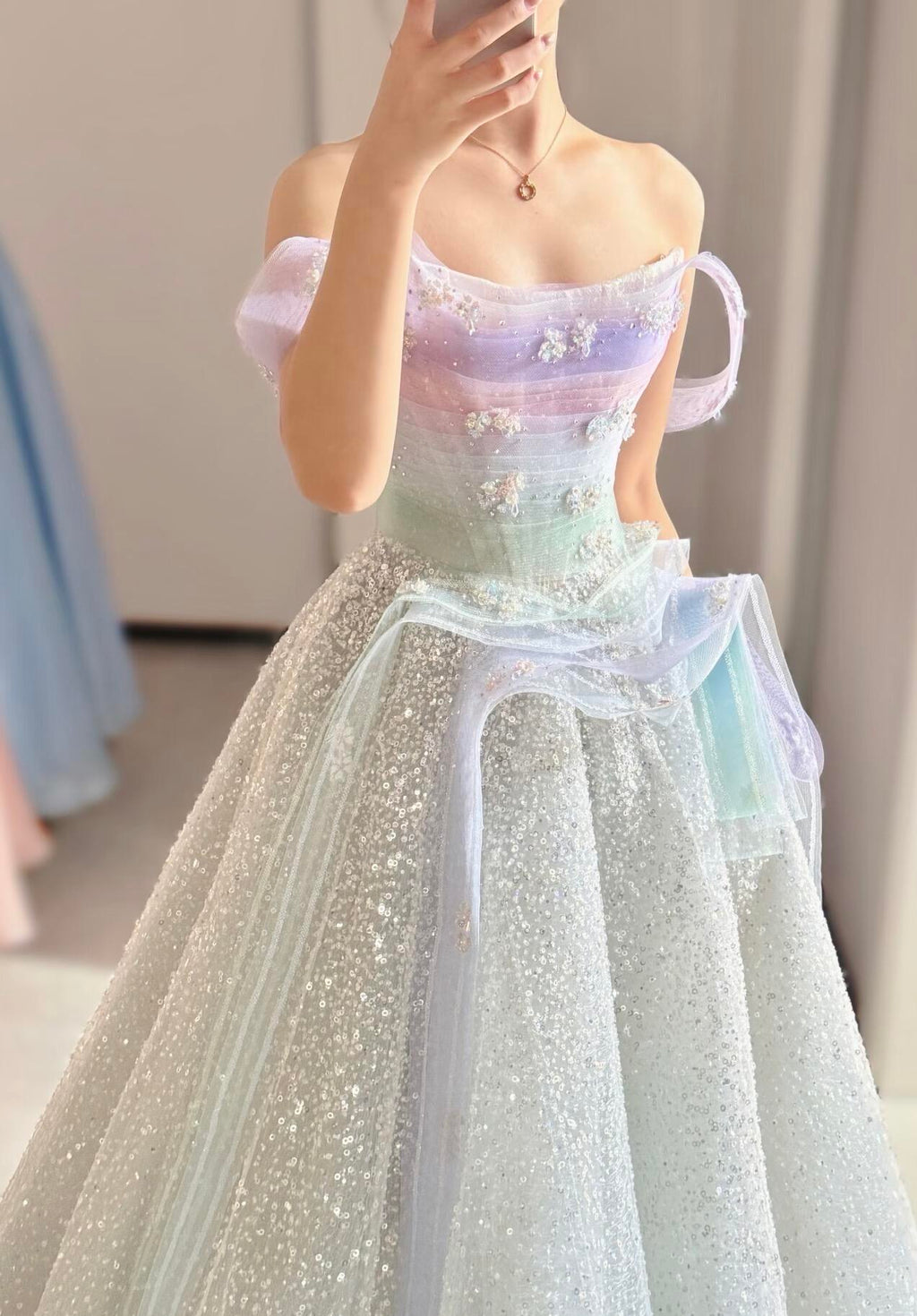 Pastel Ombre Off-Shoulder Crystal Beaded Princess Prom Dress SL207