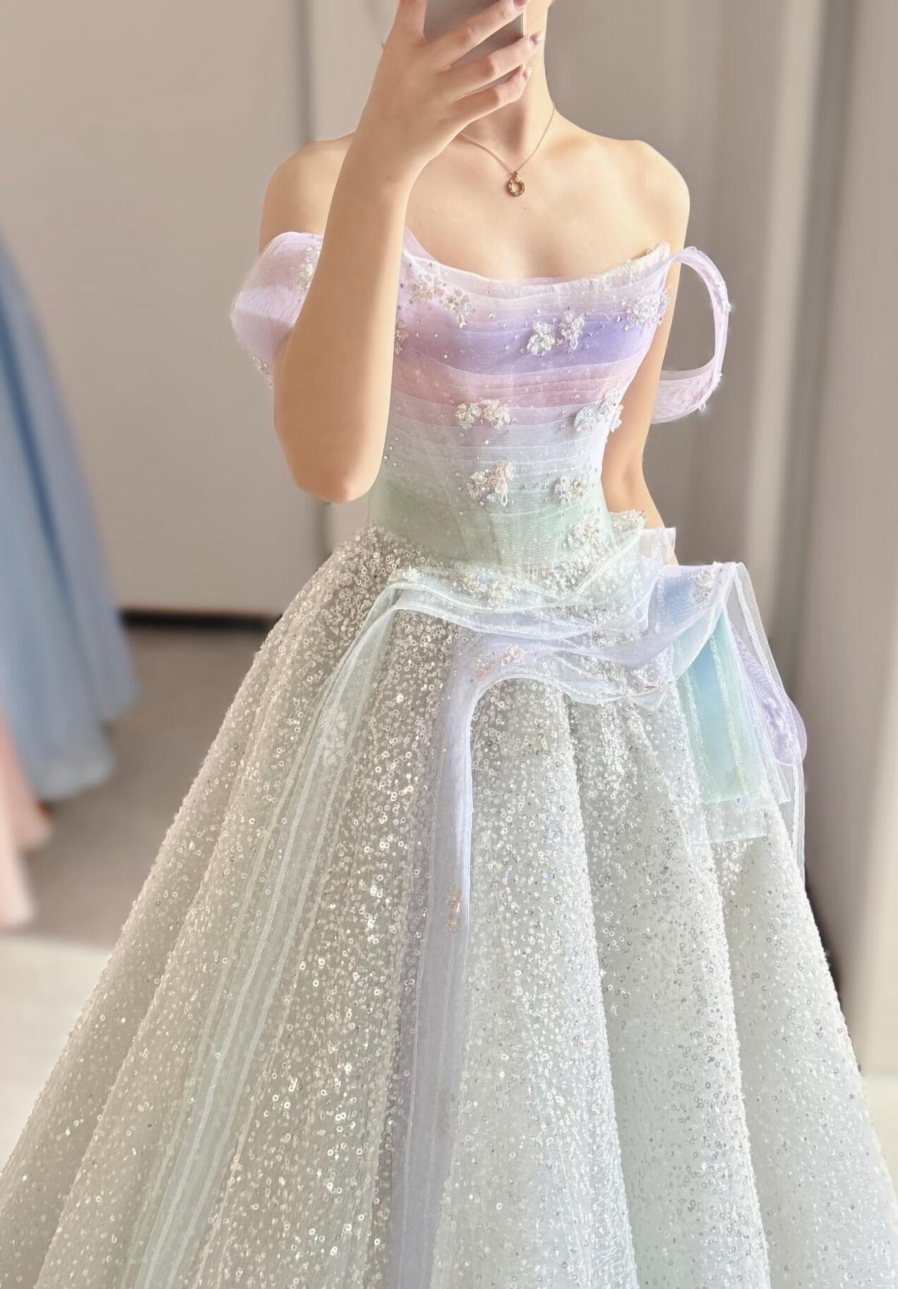 Pastel Ombre Off-Shoulder Crystal Beaded Princess Prom Dress SL207