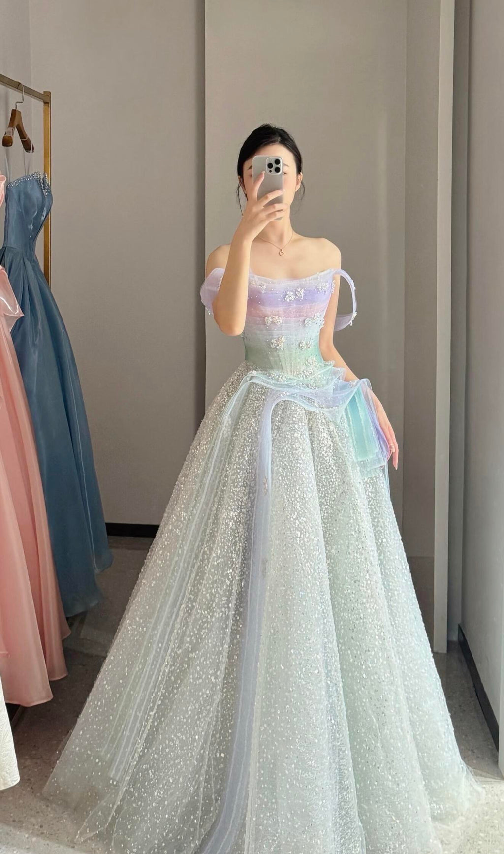 Pastel Ombre Off-Shoulder Crystal Beaded Princess Prom Dress SL207