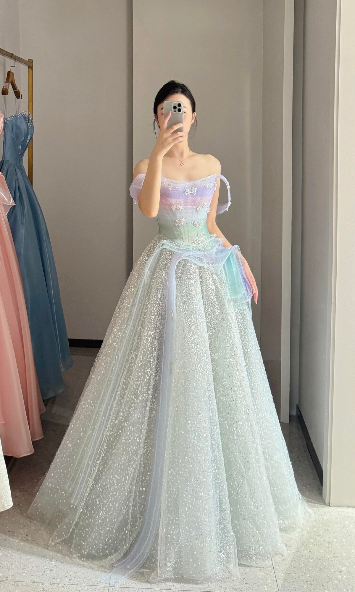 Pastel Ombre Off-Shoulder Crystal Beaded Princess Prom Dress SL207 – twinkle gowns