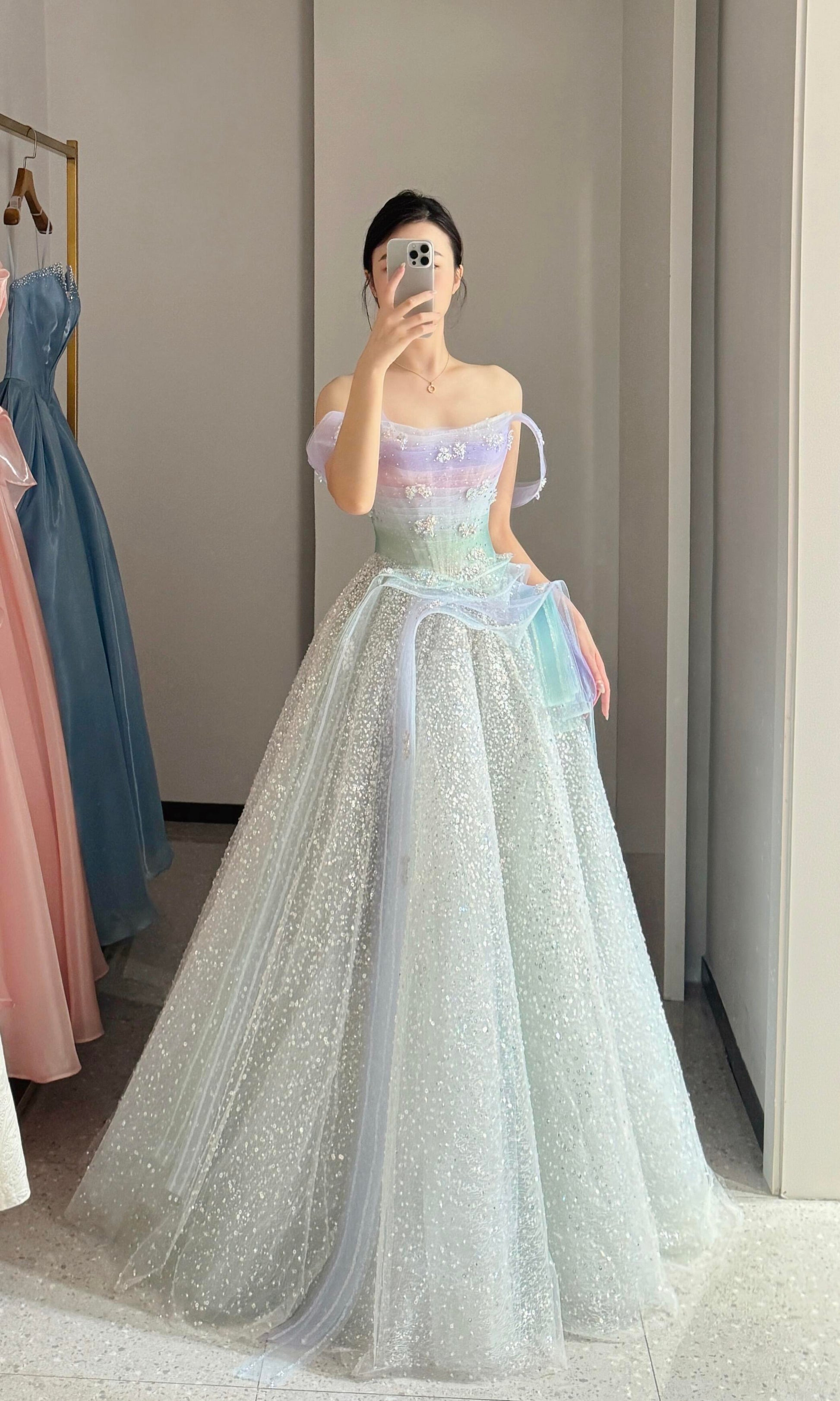 Pastel Ombre Off-Shoulder Crystal Beaded Princess Prom Dress SL207 – twinkle gowns