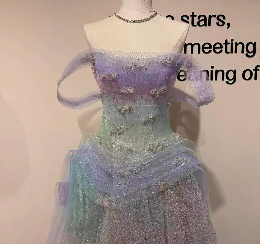 Pastel Ombre Off-Shoulder Crystal Beaded Princess Prom Dress SL207