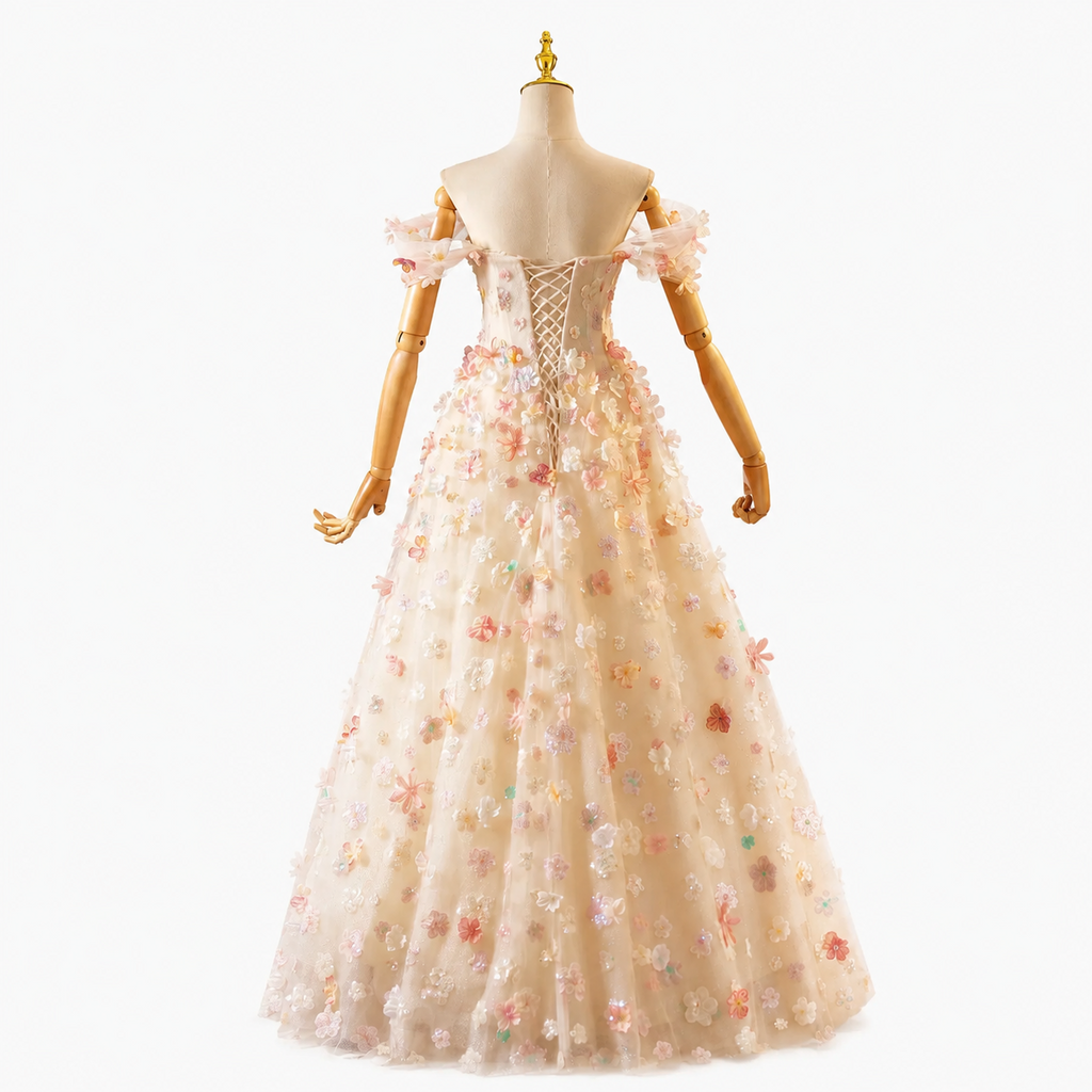Luxury 3D Floral Ball Gown Romantic Off-Shoulder Princess Prom Dress SL156