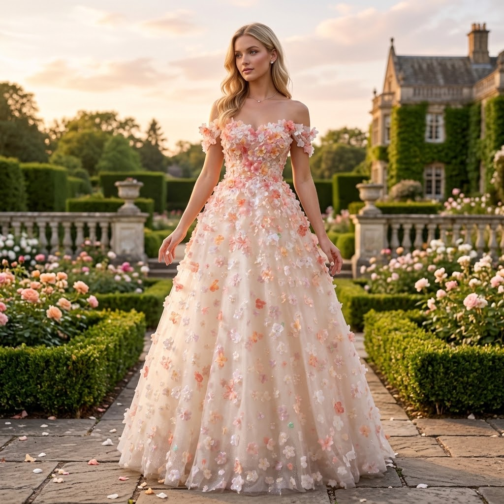 Luxury 3D Floral Ball Gown Romantic Off-Shoulder Princess Prom Dress SL156