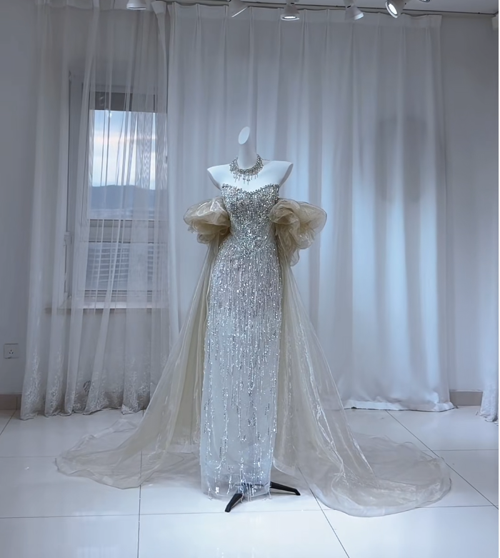 TwinkleGowns SL213 Silver Crystal Beaded Off-Shoulder Evening Gown with Sheer Train