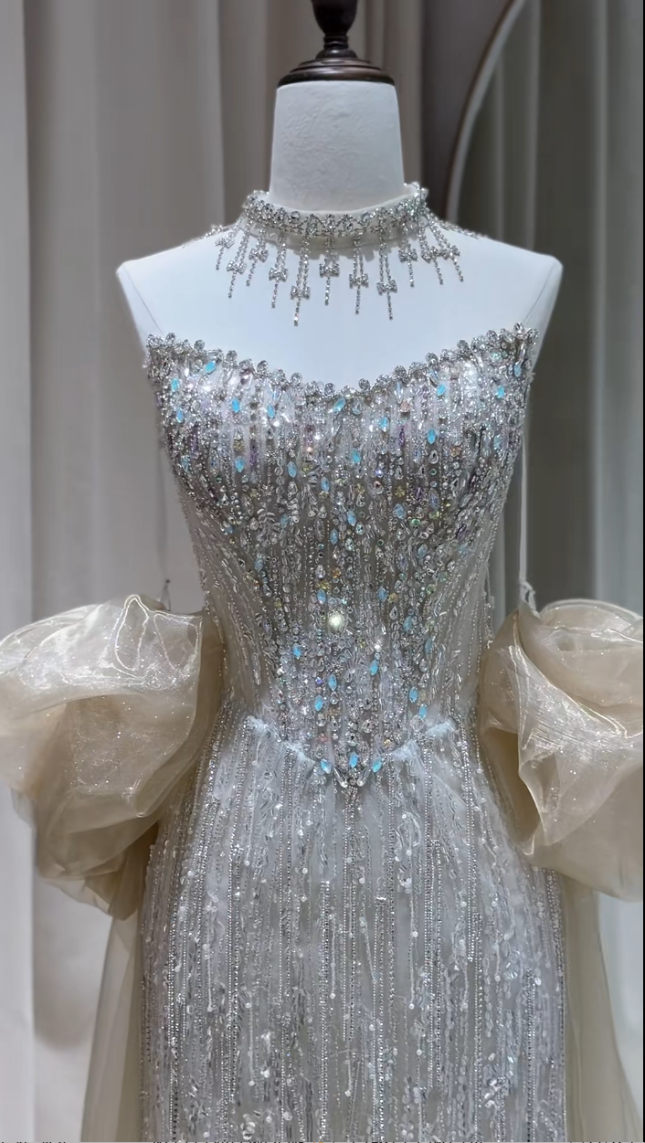 TwinkleGowns SL213 Silver Crystal Beaded Off-Shoulder Evening Gown with Sheer Train