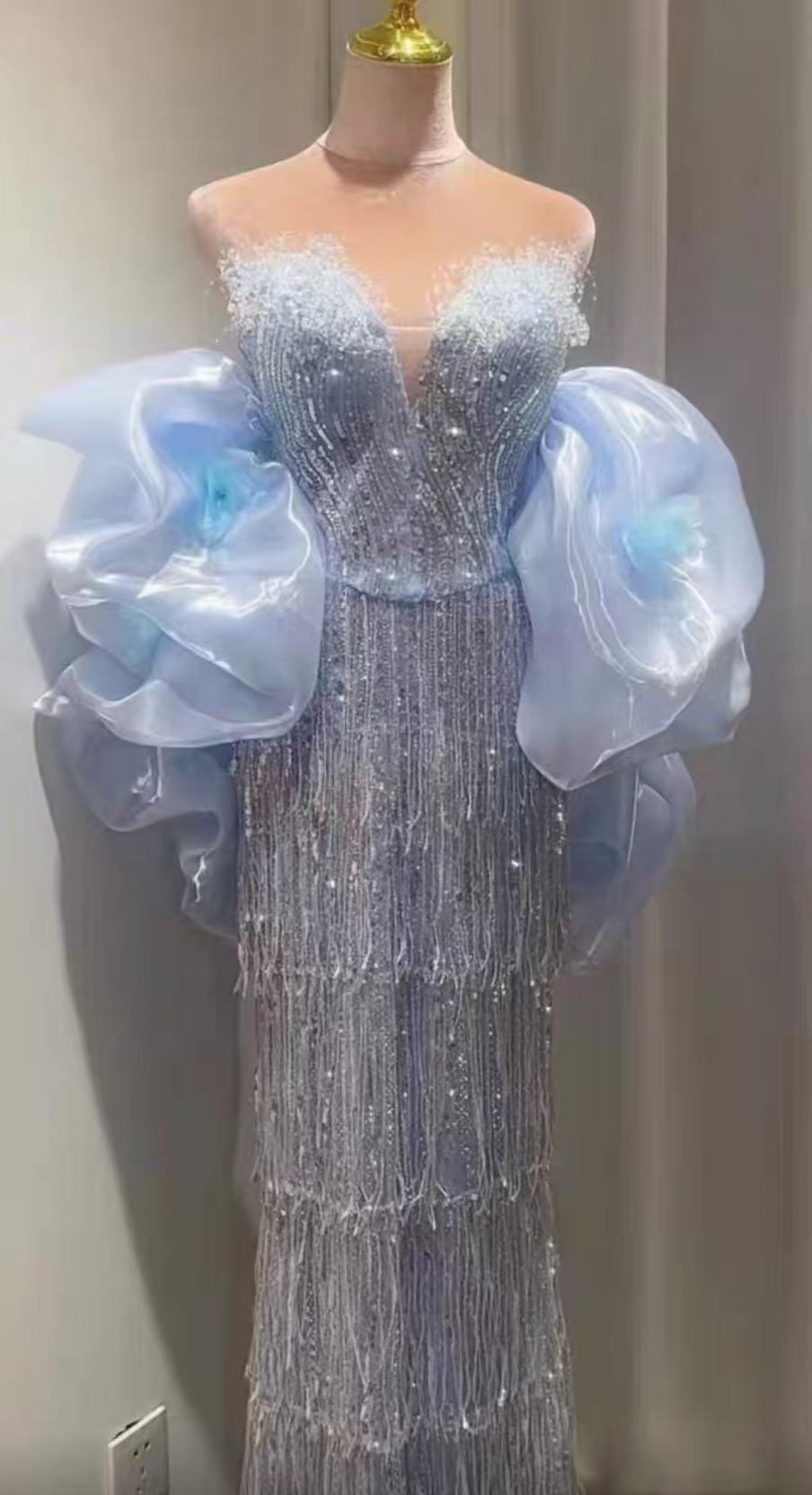 Luxury Sequin Beaded Evening Gown with Dramatic Organza Sleeves SL205