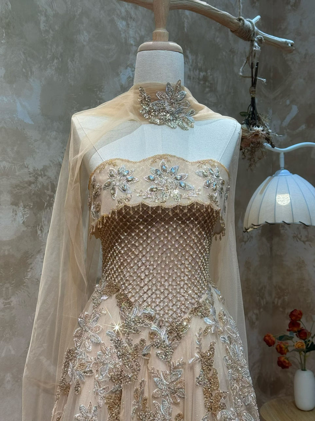 SL218 Champagne Gold Strapless Crystal Embellished Evening Gown