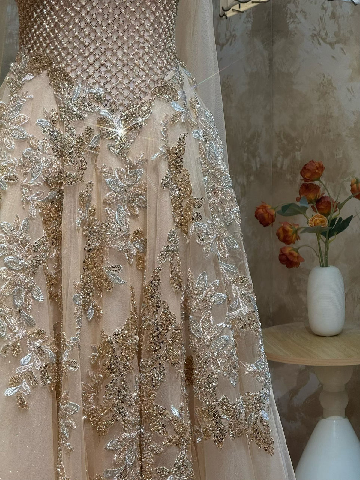 SL218 Champagne Gold Strapless Crystal Embellished Evening Gown
