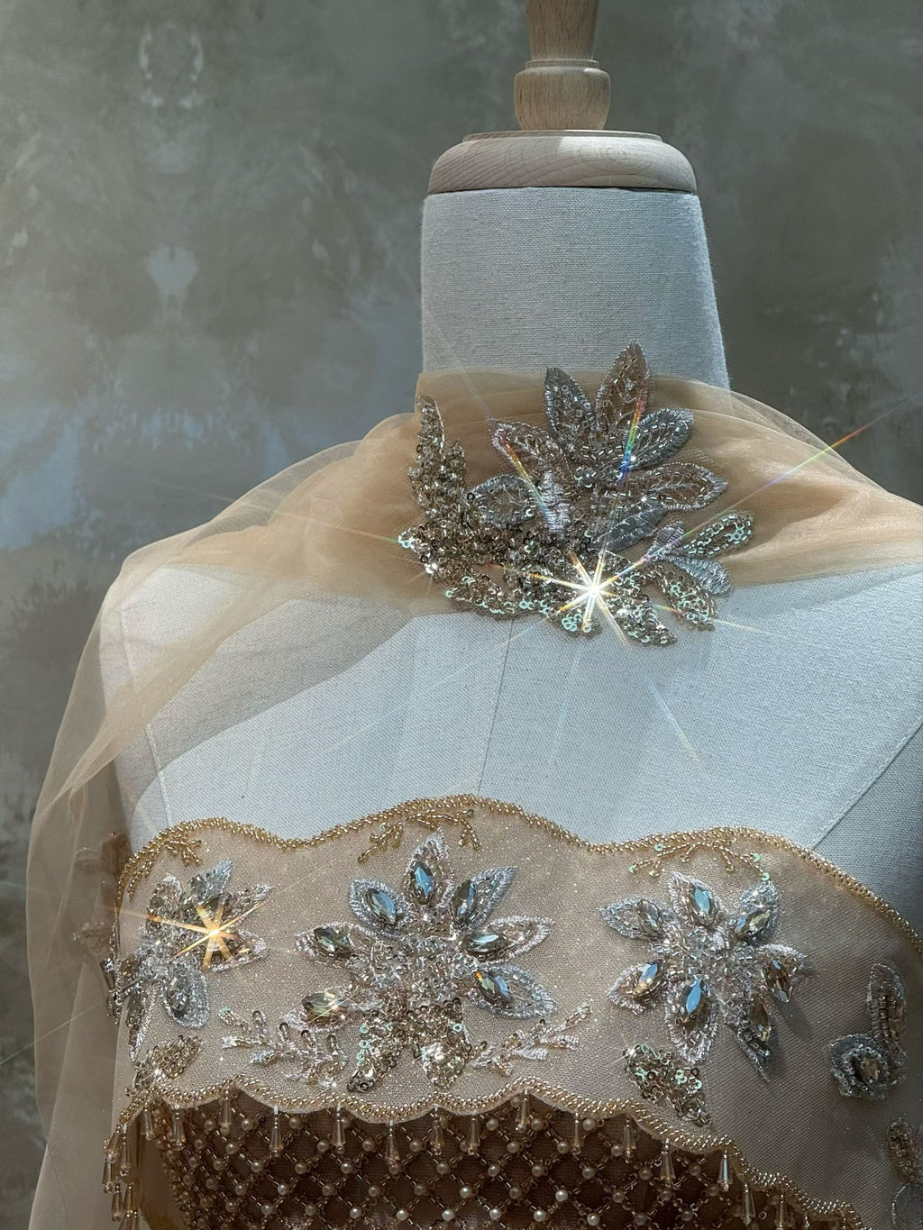 SL218 Champagne Gold Strapless Crystal Embellished Evening Gown