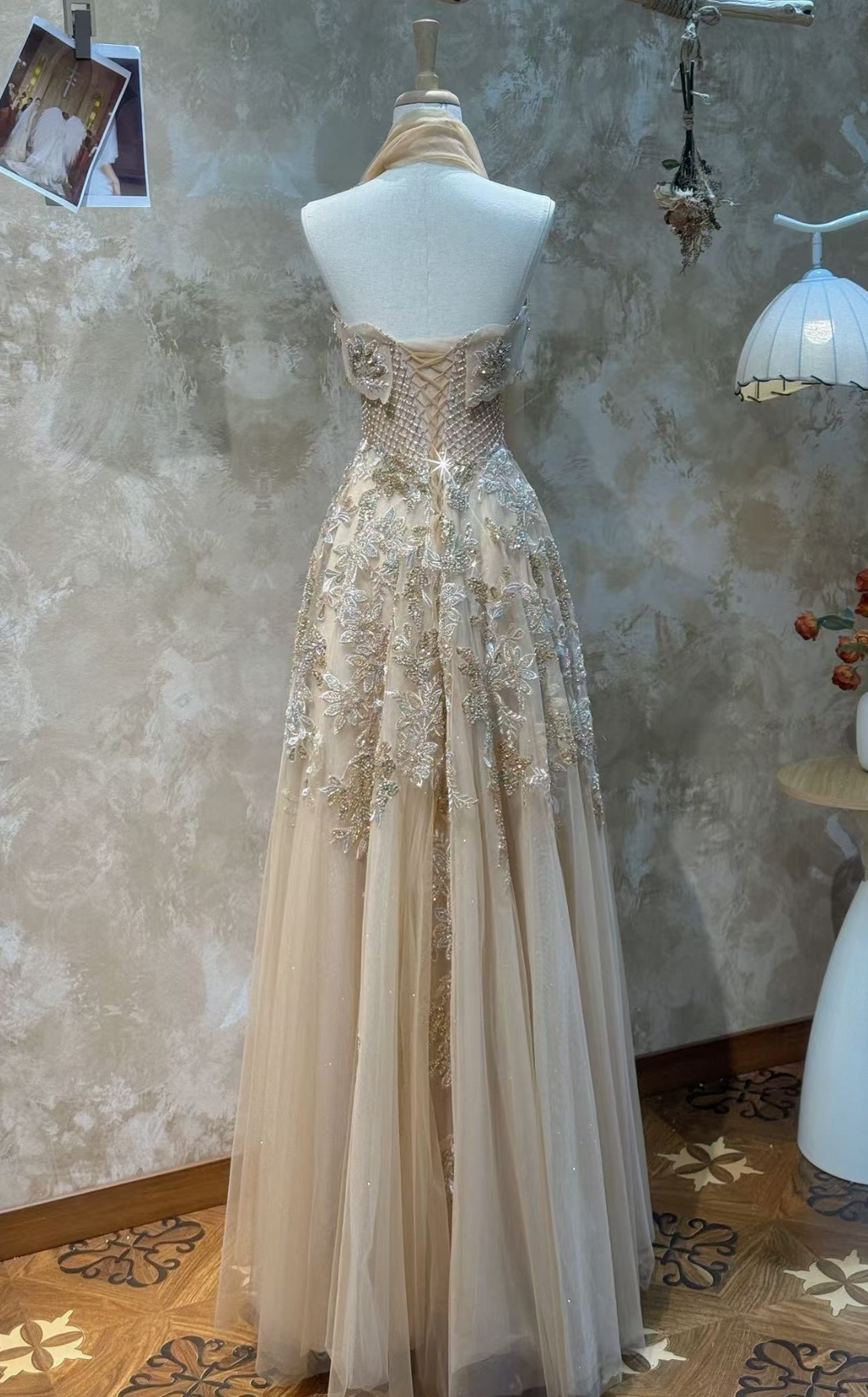 SL218 Champagne Gold Strapless Crystal Embellished Evening Gown
