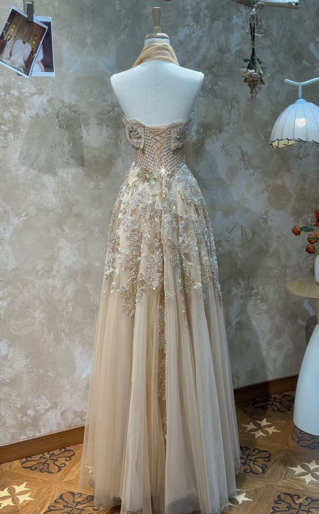 SL218 Champagne Gold Strapless Crystal Embellished Evening Gown
