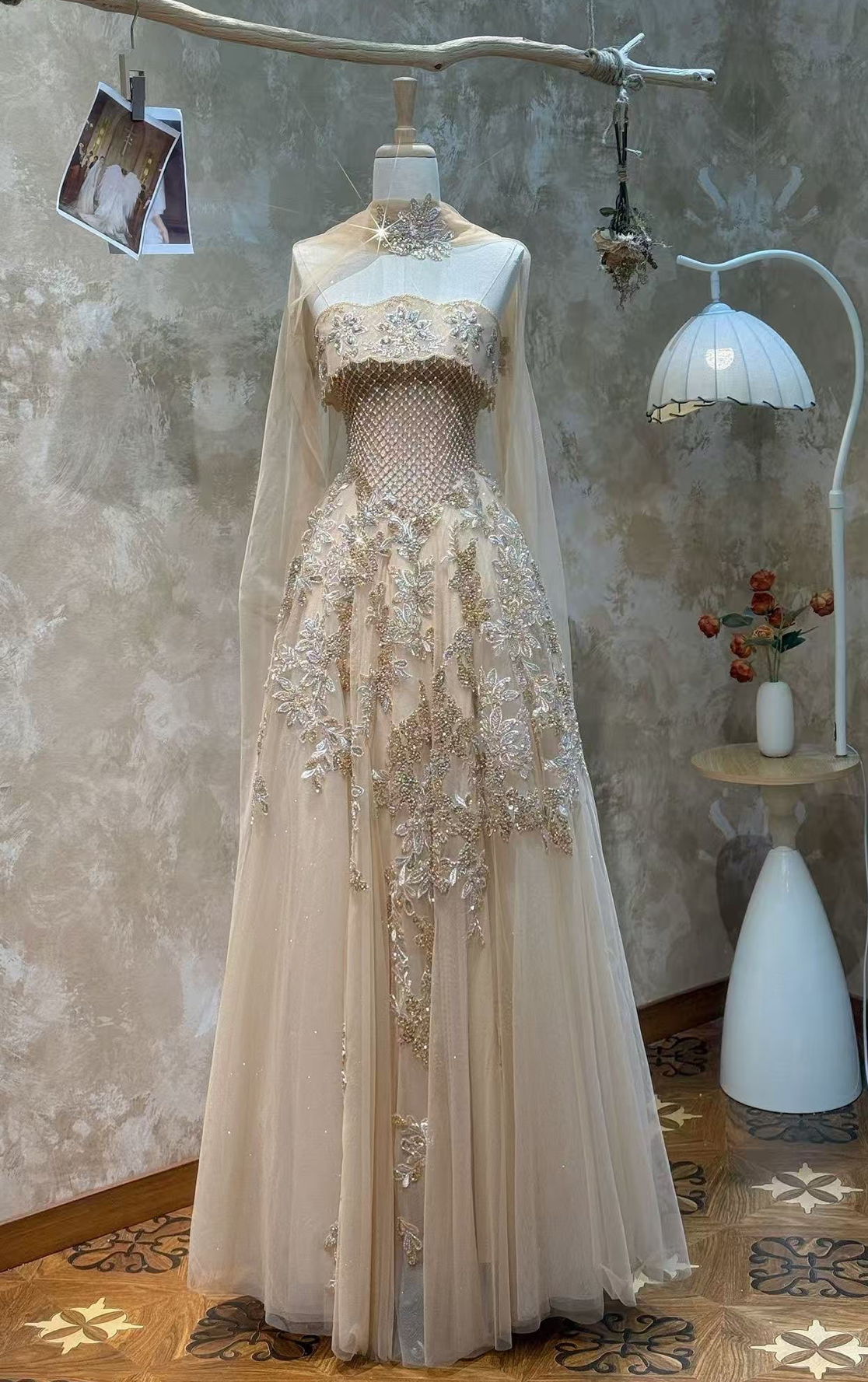 SL218 Champagne Gold Strapless Crystal Embellished Evening Gown
